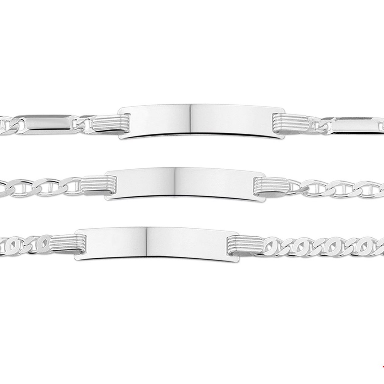 Beschrijving: Assortiment van zilveren graveerarmbanden. De lengte bedraagt 16cm met 2cm extensie. De breedte van de graveerplaat bedraagt 5mm. 
Doelgroep: meisjes
Breedte: 5 mm
Kortste lengte: 16 cm
Langste lengte: 18 cm