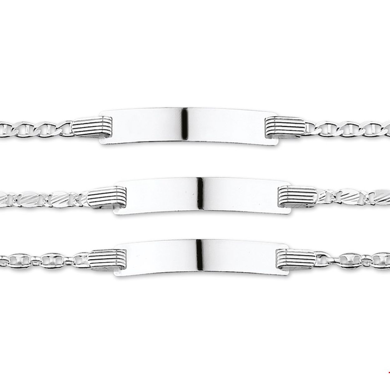 Assortiment van zilveren graveerarmbanden. De lengte bedraagt 13cm met 2cm extensie. De breedte van de graveerplaat bedraagt 5.0mm.
Doelgroep: kinderen
Breedte: 5 mm
Kortste lengte: 13 cm
Langste lengte: 15 cm