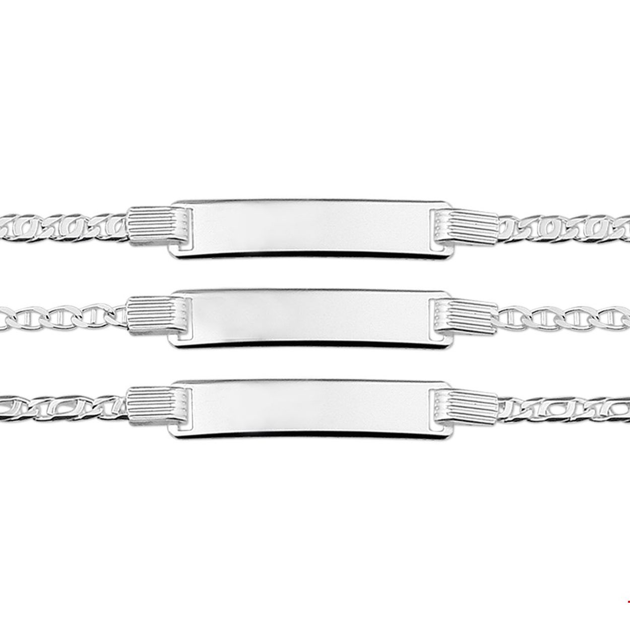 Beschrijving: Assortiment van zilveren graveerarmbanden. De lengte bedraagt 16cm met 2cm extensie. De breedte van de graveerplaat bedraagt 6mm. 
Uniekenummer serie: 29193
Doelgroep: meisjes
Breedte: 6 mm
Kortste lengte: 16 mm
Langste lengte: 18 mm