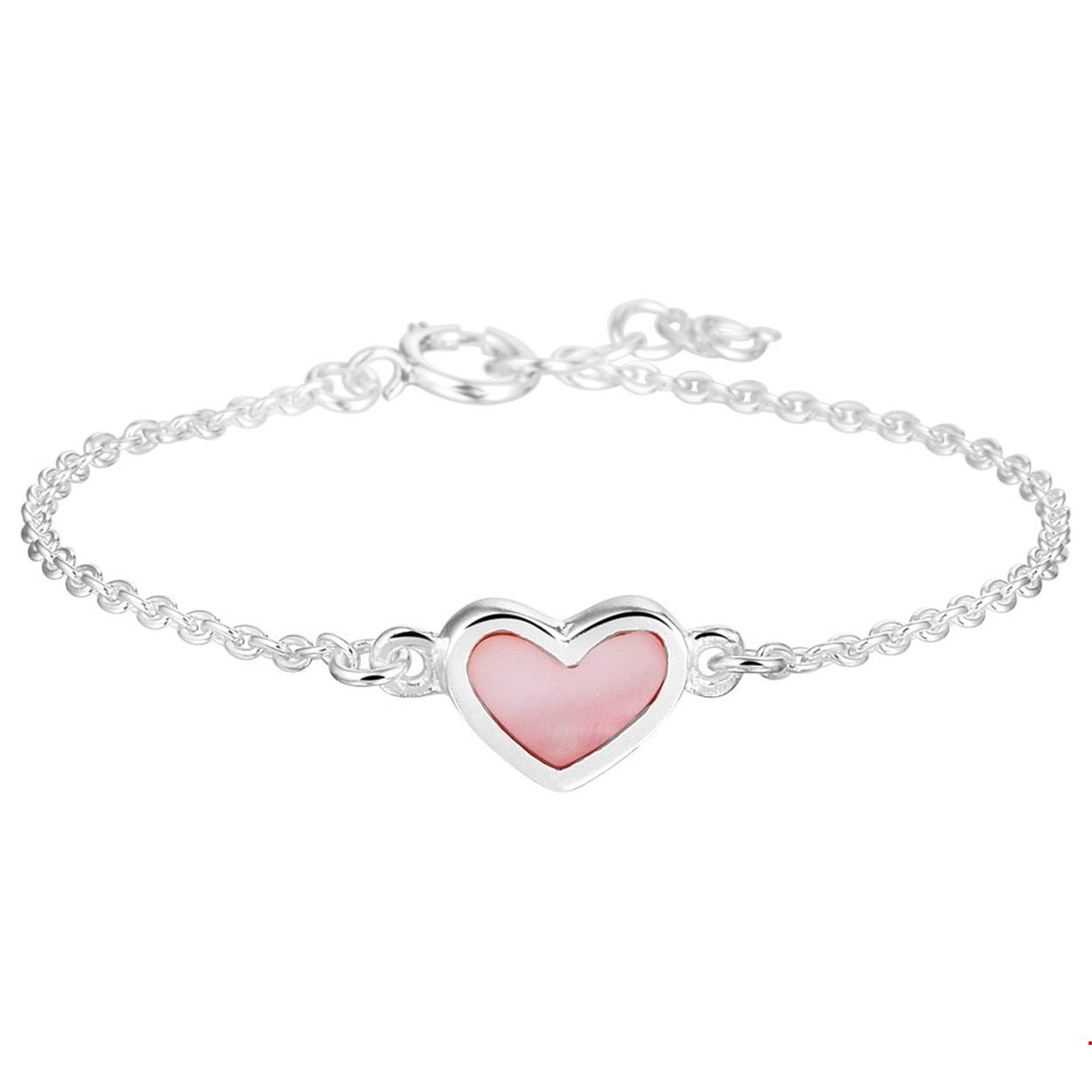Beschrijving: Zilveren armband met een hartje van roze parelmoer. De lengte bedraagt 13cm met 2cm extensie. 
Doelgroep: kinderen
Kortste lengte: 13 mm
Langste lengte: 15 mm