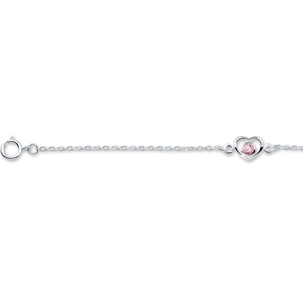 Zilveren armband met een open hart en roze zirkonia. De armband is onderdeel van een set. De lengte van de armband bedraagt 13cm met 2cm extensie. De schakelbreedte bedraagt 1.5mm.