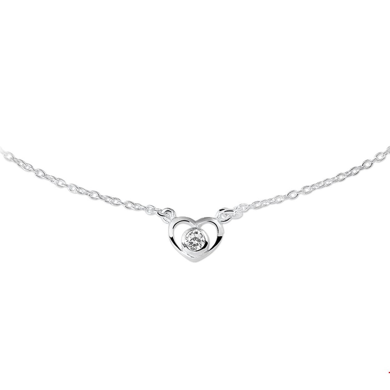 Zilveren collier met een open hart en zirkonia. De lengte bedraagt 36cm met 2cm extensie. De schakelbreedte bedraagt 1.5mm. 
Doelgroep: kinderen
Breedte: 1.5 mm
Kortste lengte: 36 mm
Langste lengte: 38 mm