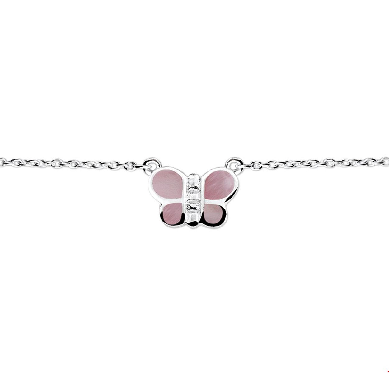 Beschrijving: Zilveren armband met een vlinder van roze parelmoer. De lengte bedraagt 13cm met 2cm extensie. De schakelbreedte bedraagt 1.5mm. 
Doelgroep: kinderen
Breedte: 1.5 mm
Kortste lengte: 13 mm
Langste lengte: 15 mm