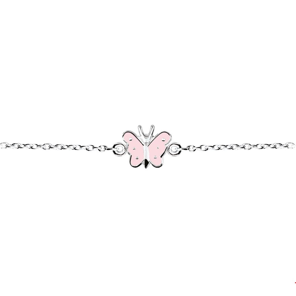 Beschrijving: Zilveren armband met een vlinder van roze emaille. De armband is onderdeel van een set. De lengte bedraagt 13cm met 2cm extensie. De schakelbreedte bedraagt 1.5mm. 
Doelgroep: kinderen
Breedte: 1.5 mm
Kortste lengte: 13 mm
Langste lengte: 15 mm