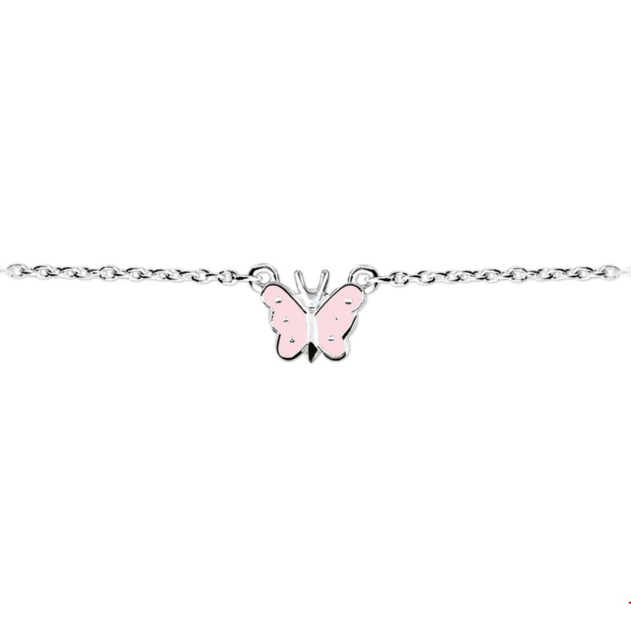 Zilveren collier met een vlinder van roze emaille.  De lengte bedraagt 36cm met 2cm extensie. De schakelbreedte bedraagt 1.5mm.
Breedte: 1.5 mm
Kortste lengte: 36 mm
Langste lengte: 38 mm