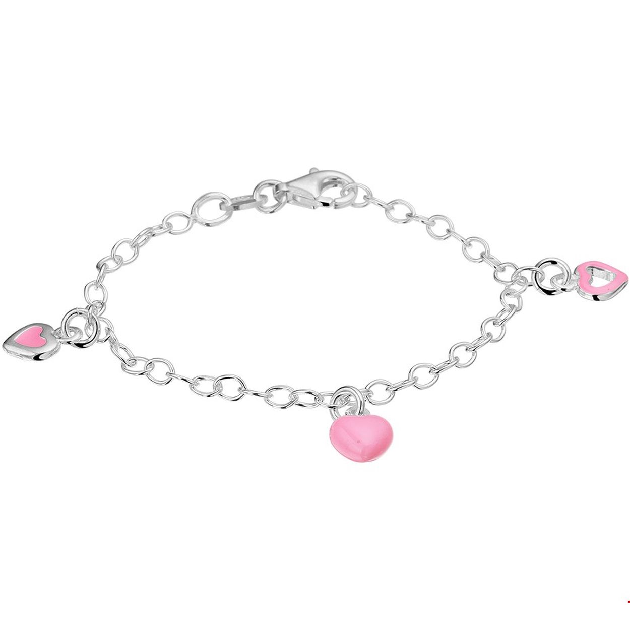 Beschrijving: Zilveren armband met 3 hartjes van emaille. 
Uniekenummer serie: 29043
Doelgroep: kinderen
Langste lengte: 15 mm