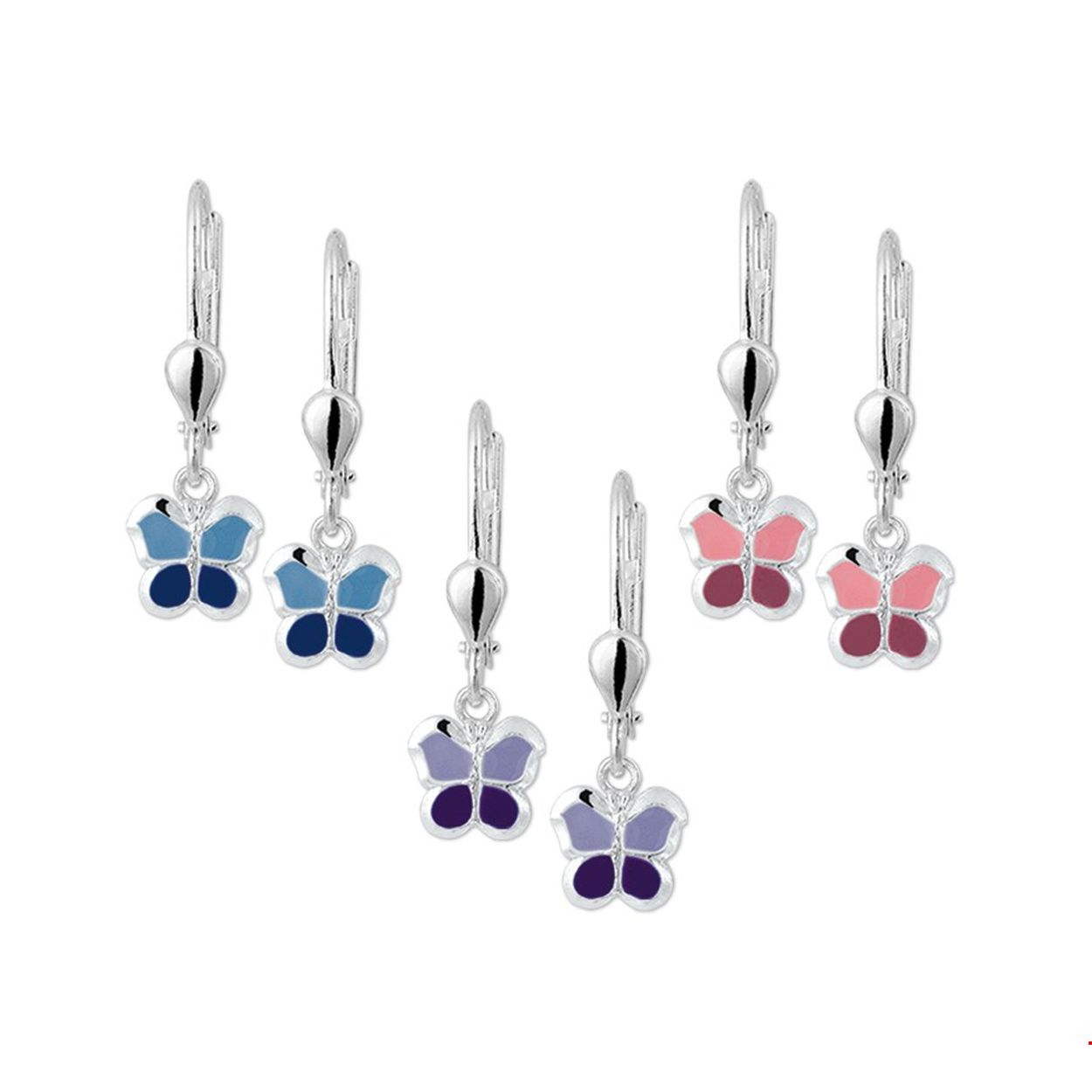 Beschrijving: Assortiment van zilveren oorhangers met vlindertjes van emaille. 
Doelgroep: kinderen
Breedte: 7.5 mm
Hoogte: 22 mm