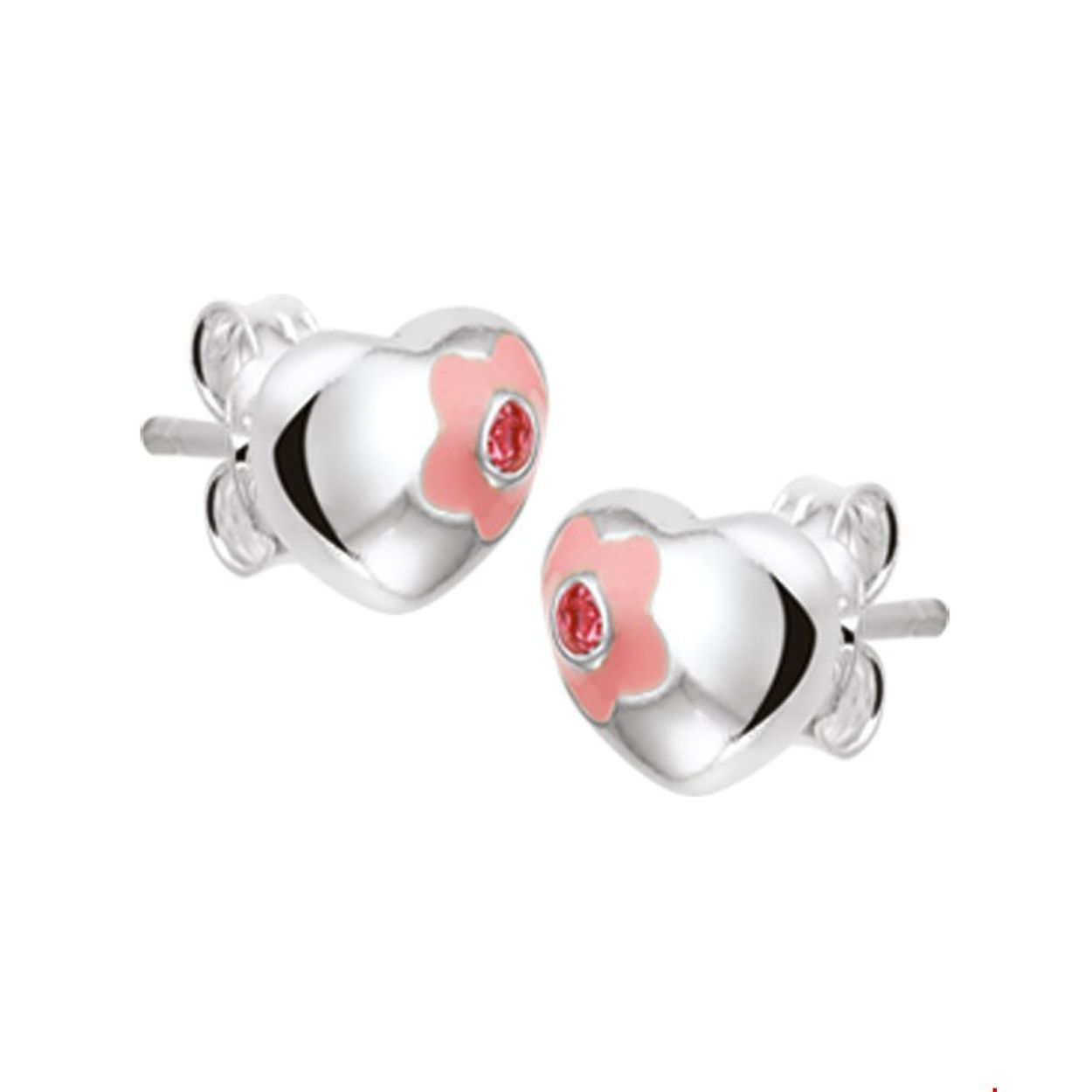 Beschrijving: Zilveren oorknoppen met een hartje en roze zirkonia. De oorknoppen zijn onderdeel van een set. 
Doelgroep: kinderen
Breedte: 7.5 mm
Hoogte: 6.5 mm