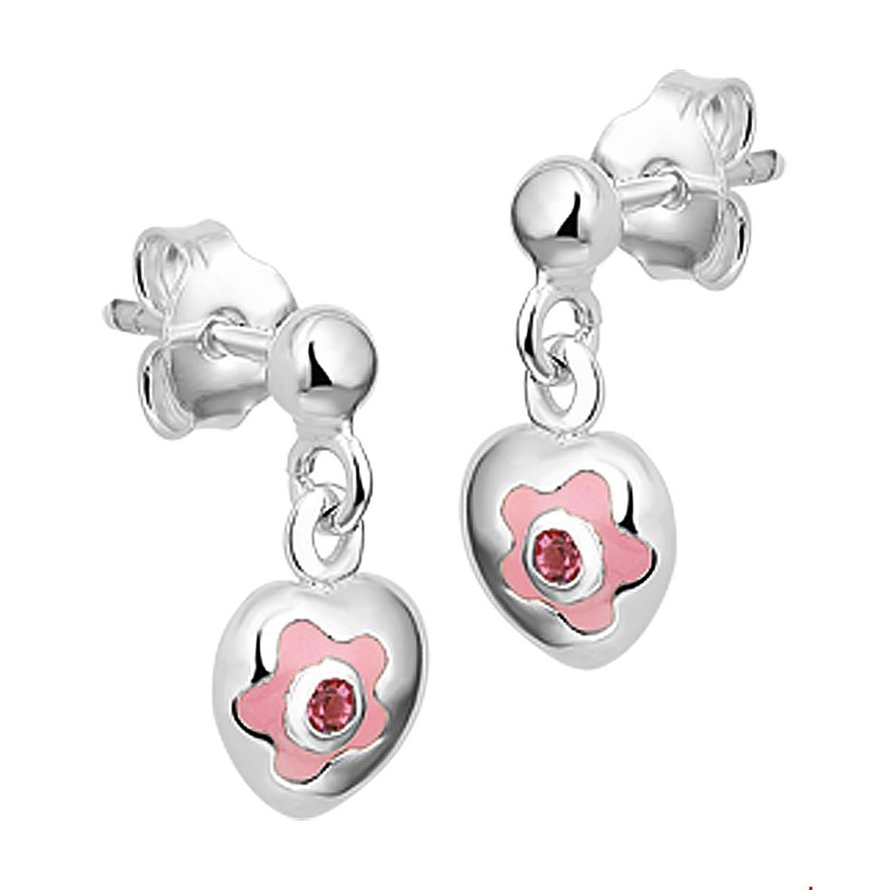 Beschrijving: Zilveren oorhangers met een hartje en roze zirkonia. De oorhangers zijn onderdeel van een set. 
Doelgroep: kinderen
Breedte: 7.5 mm
Hoogte: 6.5 mm
