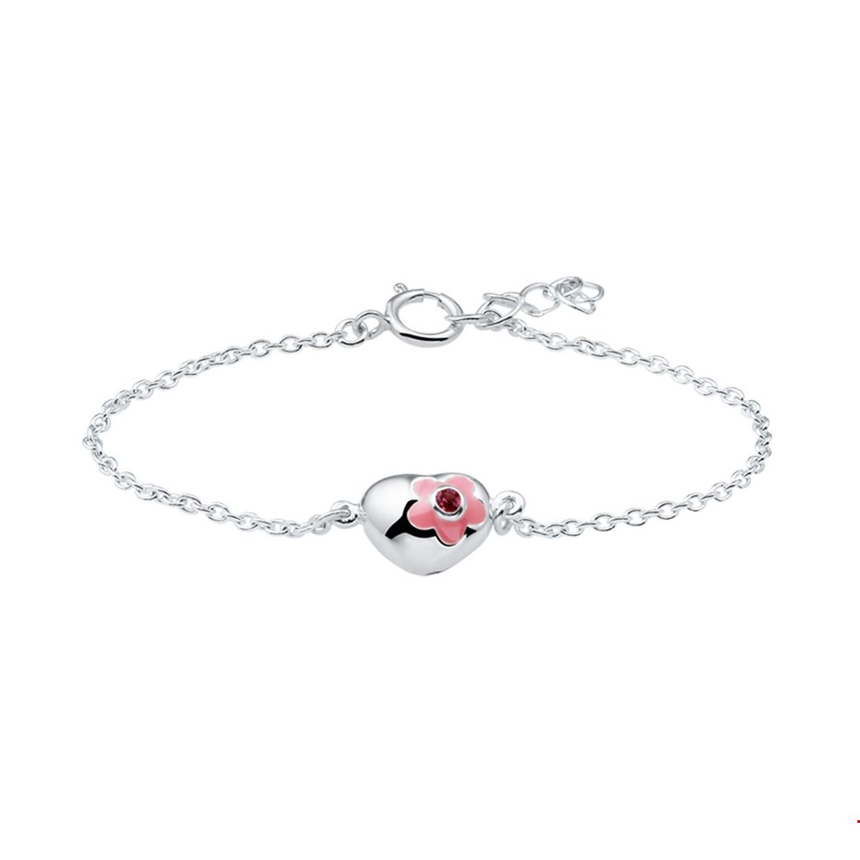 Beschrijving: Zilveren armband met een hartje en roze zirkonia. De lengte van de armband bedraagt 13cm met 2cm extensie. De schakelbreedte bedraagt 1.5mm. 
Doelgroep: kinderen
Kortste lengte: 13 mm
Langste lengte: 15 mm