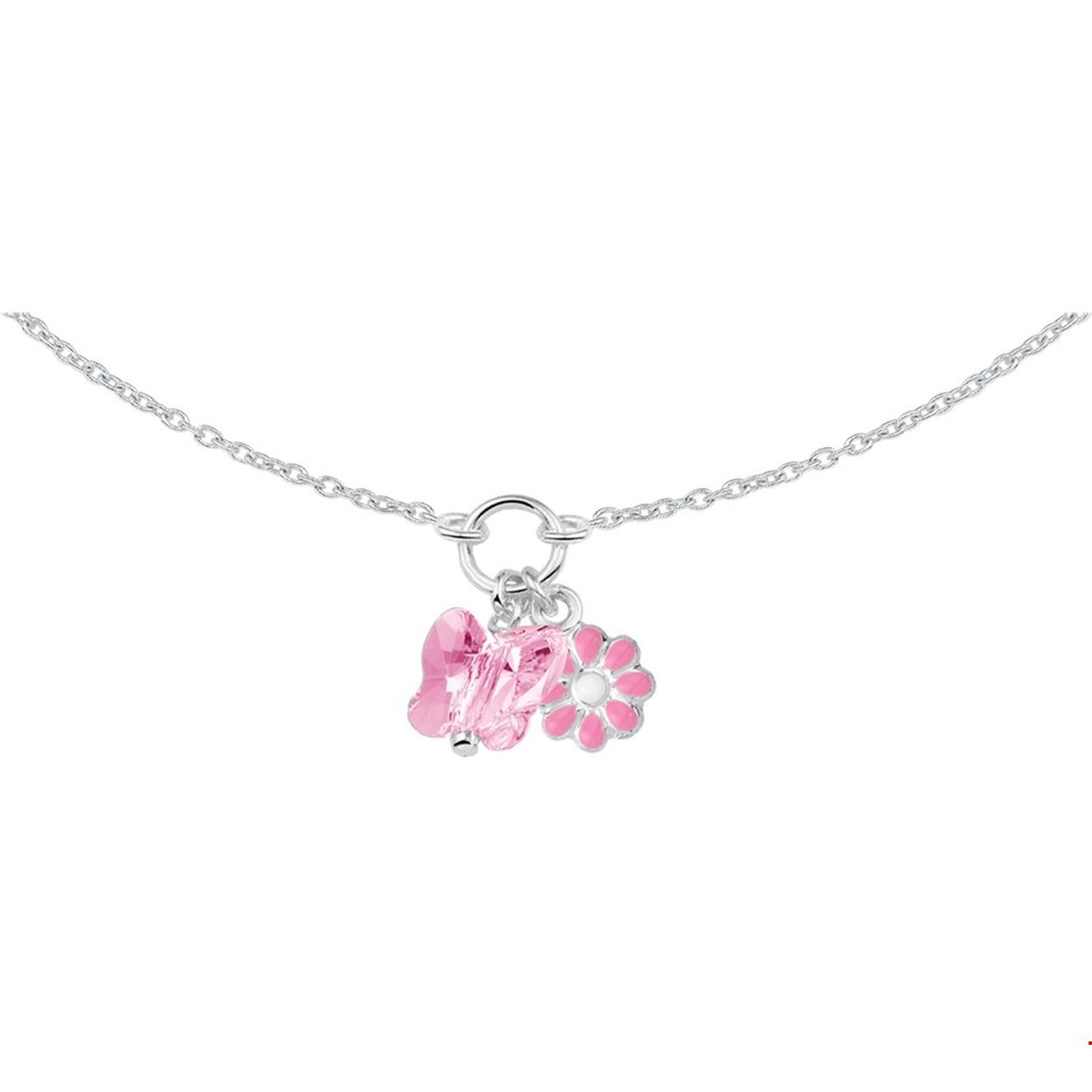 Beschrijving: Zilveren collier met roze bloem en vlinder. De lengte van het collier bedraagt 35cm met 3cm extensie. De schakelbreedte bedraagt 1.4mm. 
Verpakt per: 1
Doelgroep: kinderen
Kortste lengte: 35 mm
Langste lengte: 38 mm