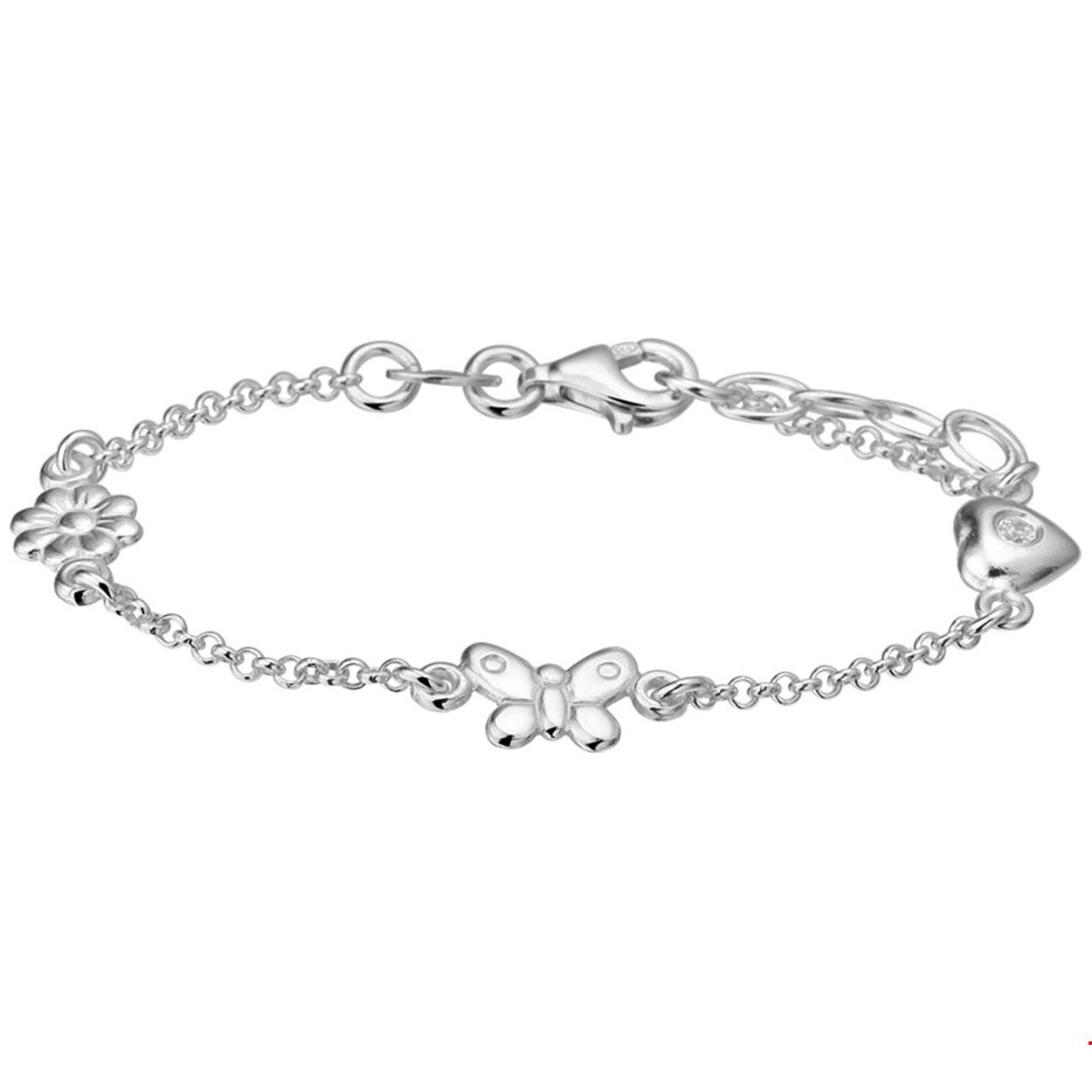 Beschrijving: Zilveren armband met diverse bedels. De lengte van de armband bedraagt 13cm met 2cm extensie en de schakelbreedte is 1.7mm.
Doelgroep: kinderen
Breedte: 6.5 mm
Kortste lengte: 13 mm
Langste lengte: 15 mm