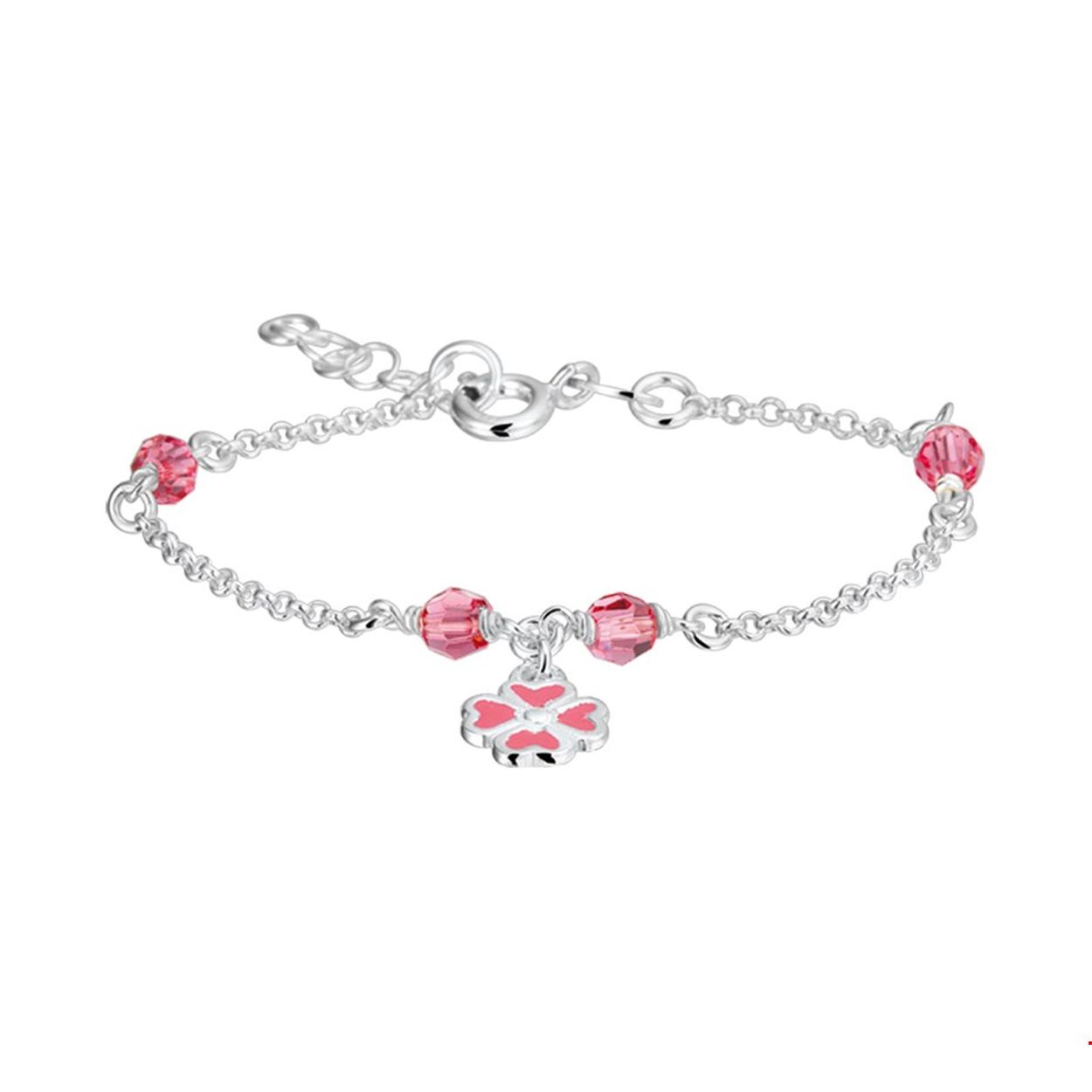 Beschrijving: Zilveren armband met een bloem van roze emaille. De lengte van de armband bedraagt 13cm met 2cm extensie.  
Doelgroep: kinderen
Breedte: 4 mm
Kortste lengte: 13 mm
Langste lengte: 15 mm