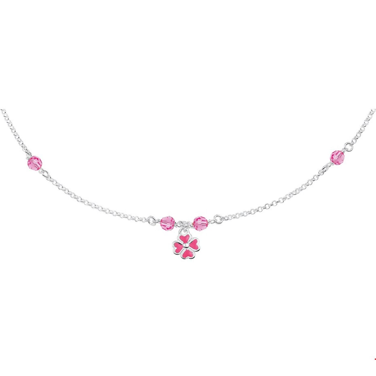 Beschrijving: Zilveren collier met een bloem van roze emaille. De lengte van het collier bedraagt 35cm met 3cm extensie. 
Verpakt per: 1
Doelgroep: kinderen
Kortste lengte: 35 mm
Langste lengte: 38 mm