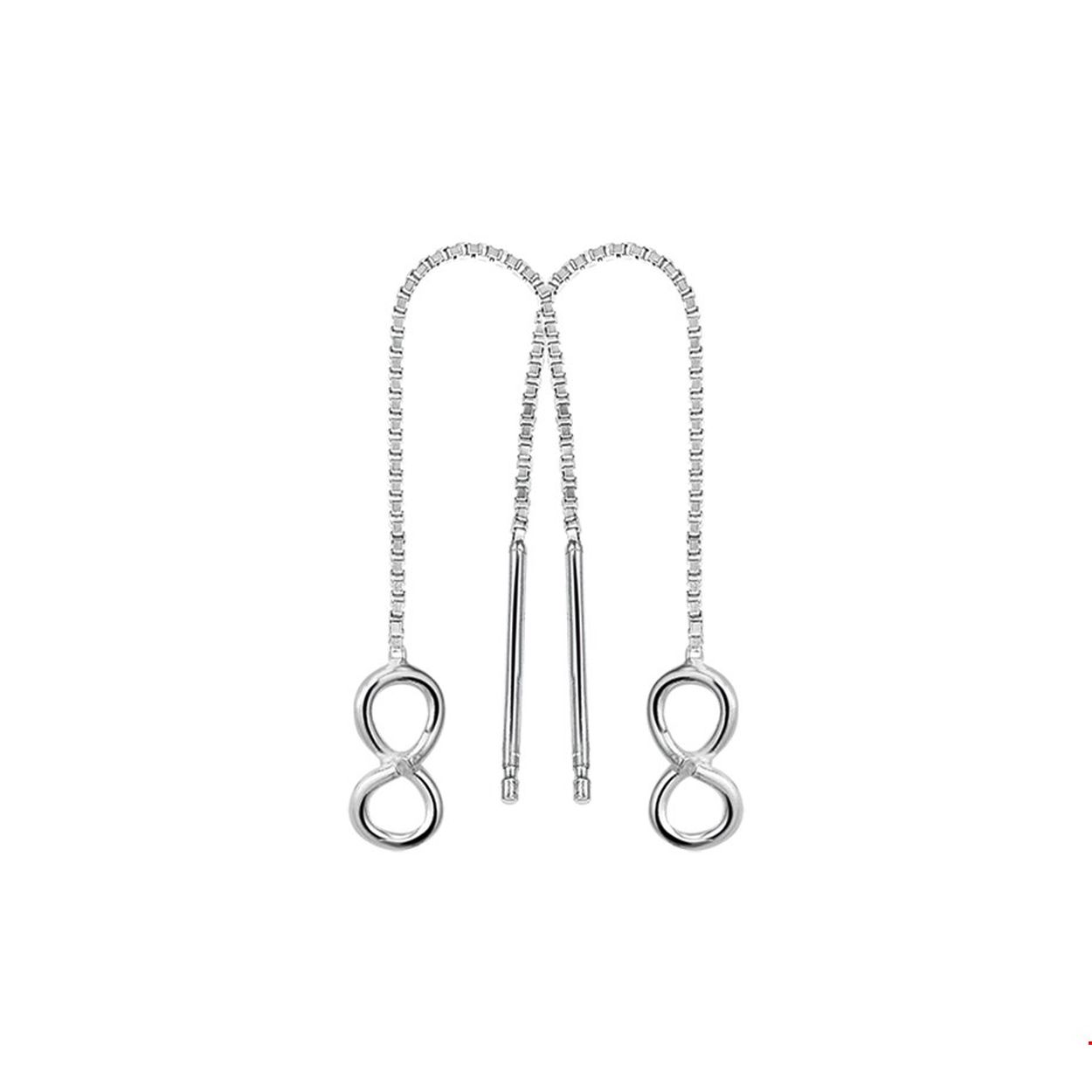 Beschrijving: Infinity is h�t symbool van nu. Deze fijne oorhangers kunnen daarom echt niet ontbreken in jouw sieraden-stash! Details: Zilveren doortrekoorbellen met infinity teken. 
Doelgroep: dames