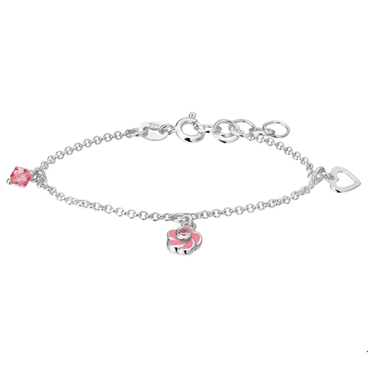 Beschrijving: Zilveren armband met een bloem van roze emaille en diverse bedels. De lengte bedraagt 13cm met 2cm extensie. De schakelbreedte bedraagt 1.7mm. 
Verpakt per: 3
Doelgroep: kinderen
Breedte: 1.5 mm
Kortste lengte: 13 mm
Langste lengte: 15 mm