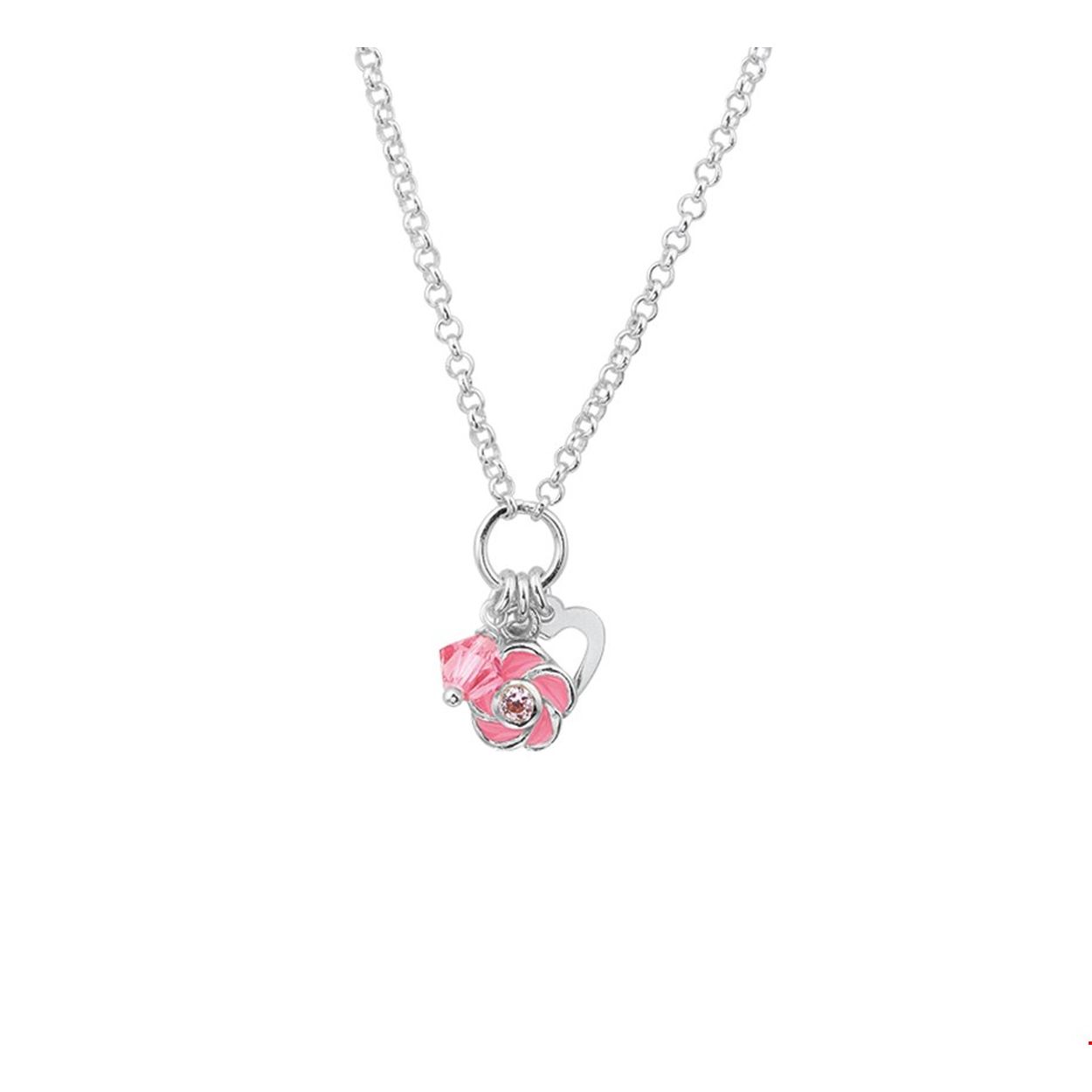 Beschrijving: Zilveren collier met een bloem van roze emaille en diverse bedels. De lengte bedraagt 35cm met 5cm extensie. De schakelbreedte bedraagt 1.7mm. 
Verpakt per: 1
Doelgroep: kinderen
Breedte: 1.7 mm
Kortste lengte: 35 mm
Langste lengte: 40 mm