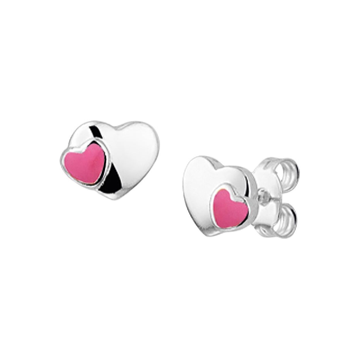 Zilveren oorknoppen met een hartje en roze emaille. De oorknoppen zijn onderdeel van een set.