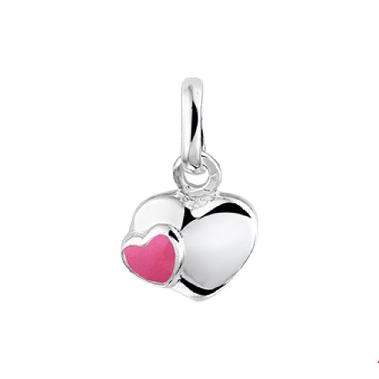 Zilveren hanger met een hartje en roze emaille. 
Breedte: 9 mm
Hoogte: 7.5 mm