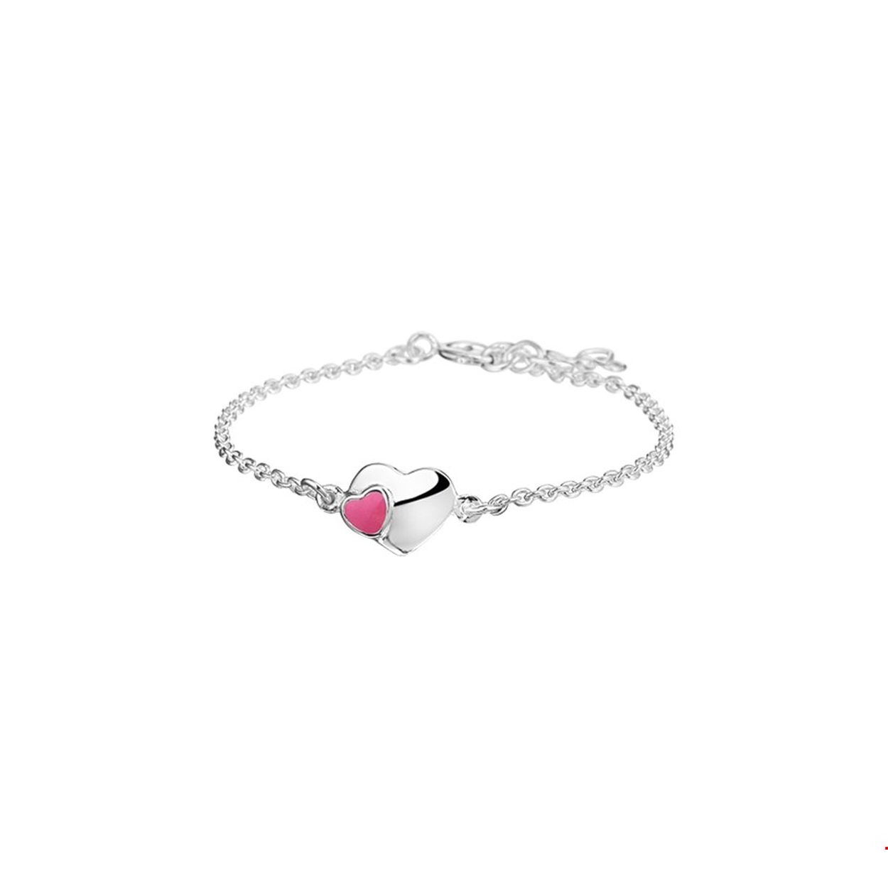 Zilveren armband met een hartje en roze emaille. De lengte bedraagt 13cm met 2cm extensie. De schakelbreedte bedraagt 1.5mm. 
Doelgroep: kinderen
Breedte: 1.5 mm
Kortste lengte: 13 mm
Langste lengte: 15 mm