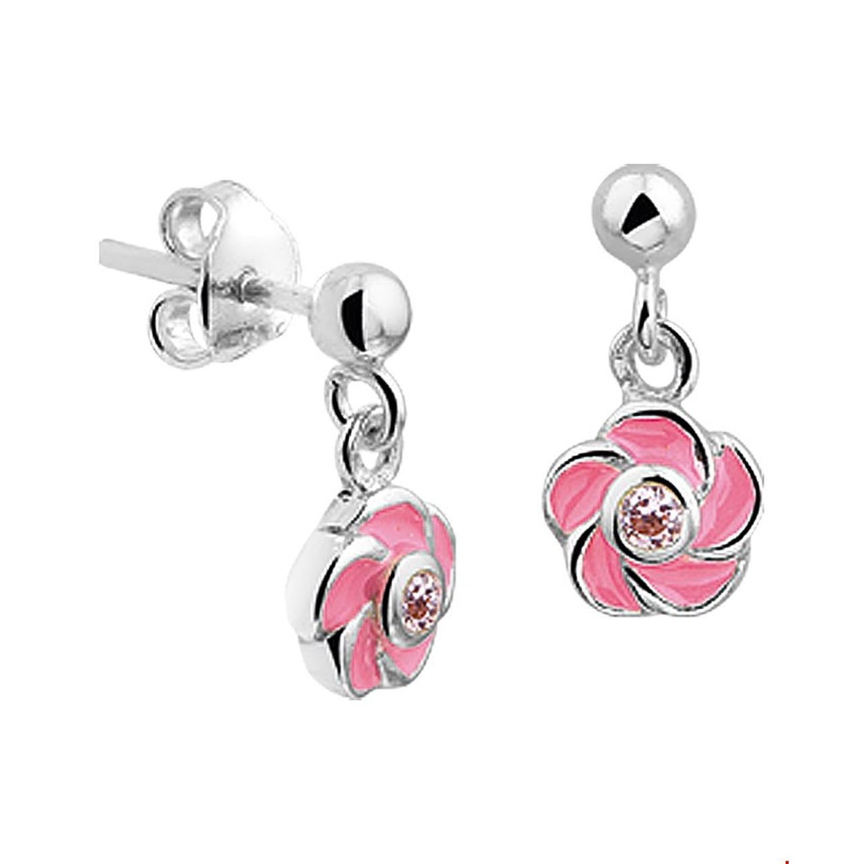 Beschrijving: Zilveren oorhangers met een bloem van roze emaille. 
Doelgroep: kinderen
Breedte: 7 mm
Hoogte: 14 mm