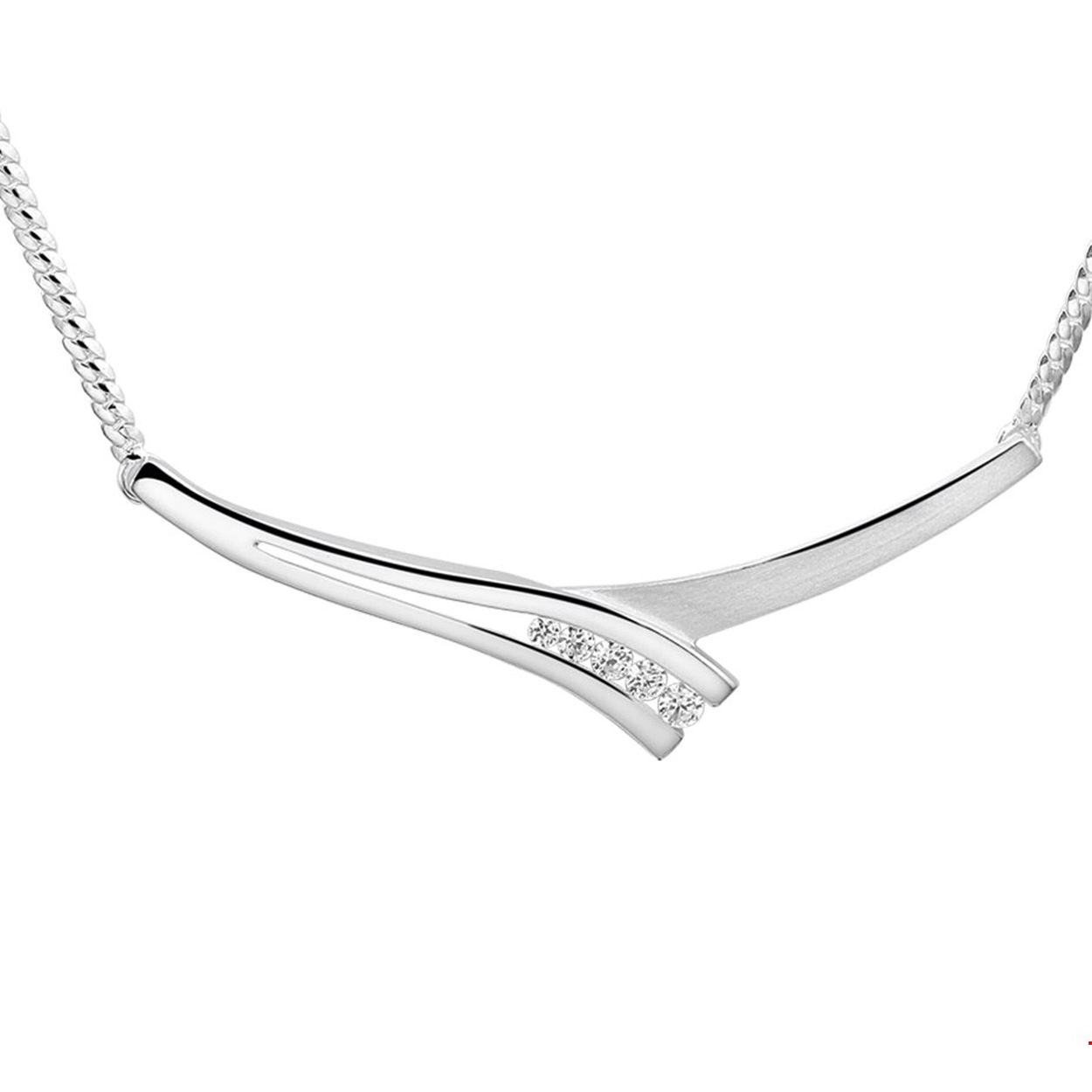 Zilveren collier met zirkonia. De lengte van het collier bedraagt 42cm met 3cm extensie. De schakelbreedte is 1.8mm.