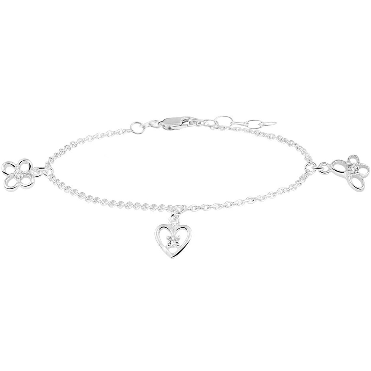 Beschrijving: Zilveren armband met verschillende bedels en zirkonia. De lengte van de armband bedraagt 13cm met 2cm extensie en de schakelbreedte is 1.7mm. 
Doelgroep: kinderen
Breedte: 1.7 mm
Kortste lengte: 13 mm
Langste lengte: 15 mm