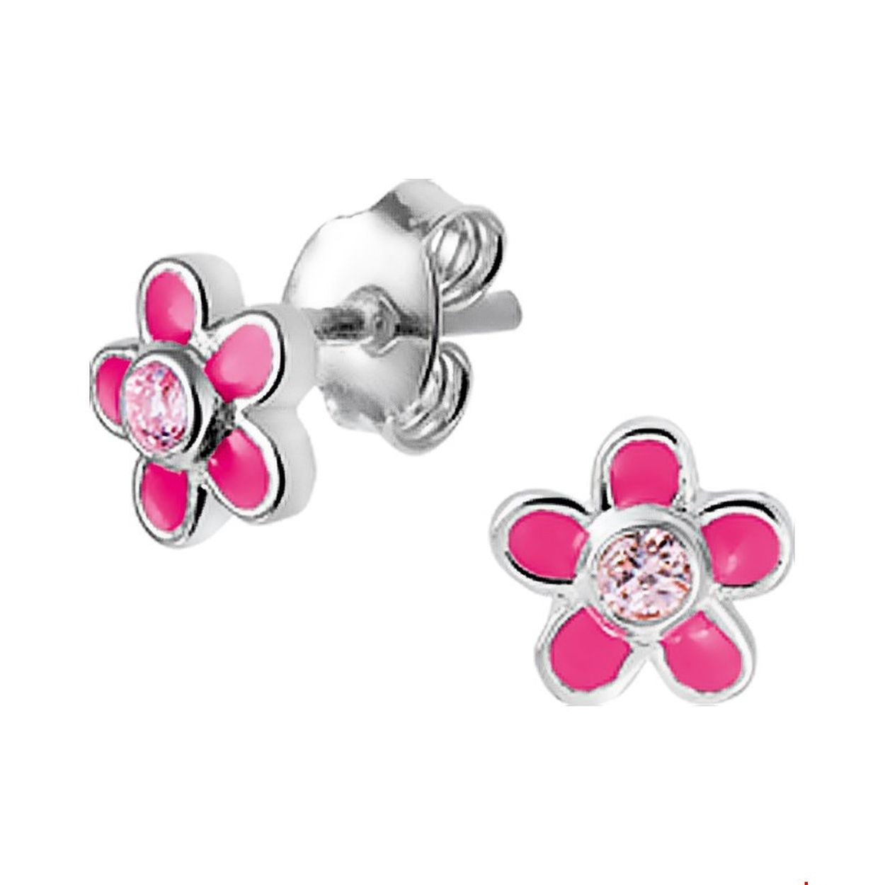 Beschrijving: Zilveren oorknoppen met een bloem van roze emaille en zirkonia. 
Doelgroep: kinderen
Breedte: 6.5 mm
Hoogte: 6.5 mm