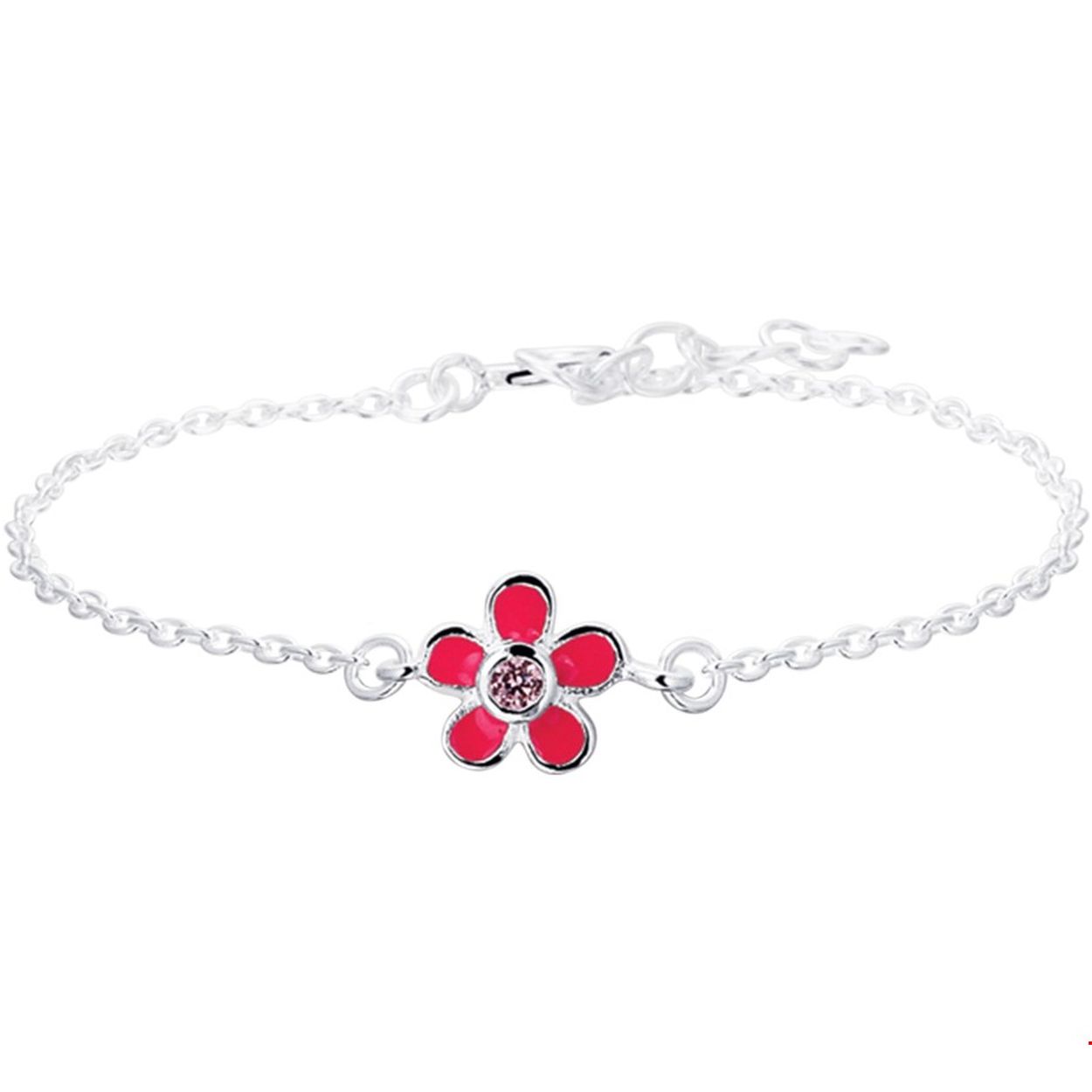 Beschrijving: Zilveren armband met een bloem van roze emaille en zirkonia. De lengte bedraagt 13cm met 2cm extensie. 
Doelgroep: kinderen
Breedte: 1.4 mm
Kortste lengte: 13 mm
Langste lengte: 15 mm