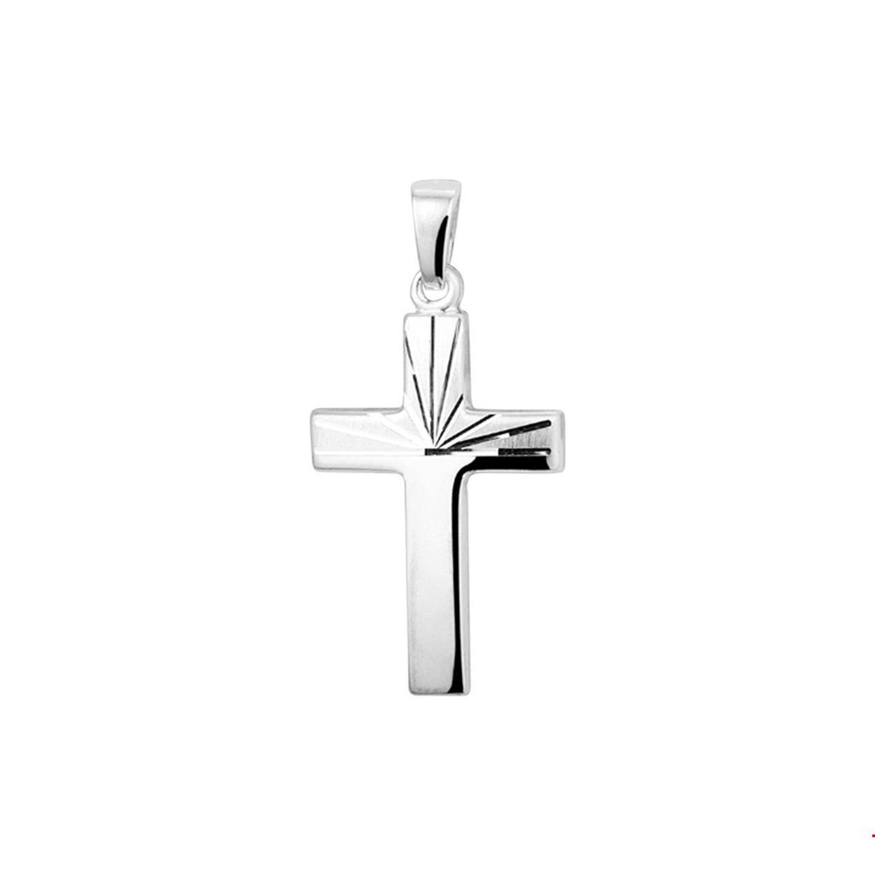 Zilveren kruis uitgevoerd met een poli/mat gediamanteerde afwerking en stevig oog. De hanger heeft een totale lengte van 2.8cm en het kruis zelf heeft een afmeting van 21x14mm. Tip: de hanger is perfect te combineren met een collier uit onze collectie dan kan de hanger gelijk om!.