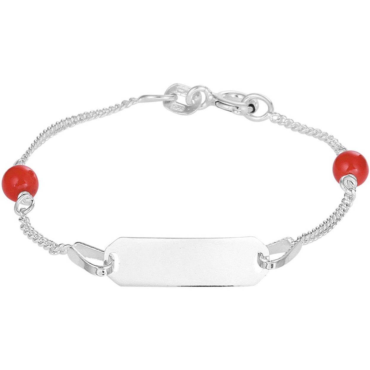 Zilveren graveerarmband met  twee bloedkoraaltjes. Het armbandje heeft een gourmette schakel. De armband heeft een lengte van 11 centimeter en een graveerplaatje van 17x5mm. Deze lengte is vooral bedoeld voor  meisjes van 6 maanden tot 1,5 jaar (afhankelijk flink of tenger).... Leuk als verjaardagscadeau of een andere gelegenheid. U kunt één naam gratis laten graveren. De gravure kunt u vermelden in het opmerkingenveld tijdens het bestelproces. Gegraveerde artikelen kunnen niet worden geruild. 
Breedte: 5 mm
Langste lengte: 11 cm