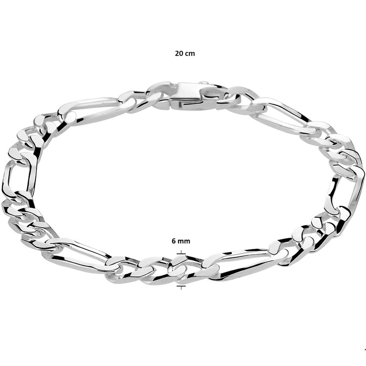 Beschrijving: Stijlvolle zilveren armband met een figaro schakel. De armband heeft een draaglengte van 20cm en een schakelbreedte van 6mm. Uitgevoerd met een stevige karabijn sluiting.