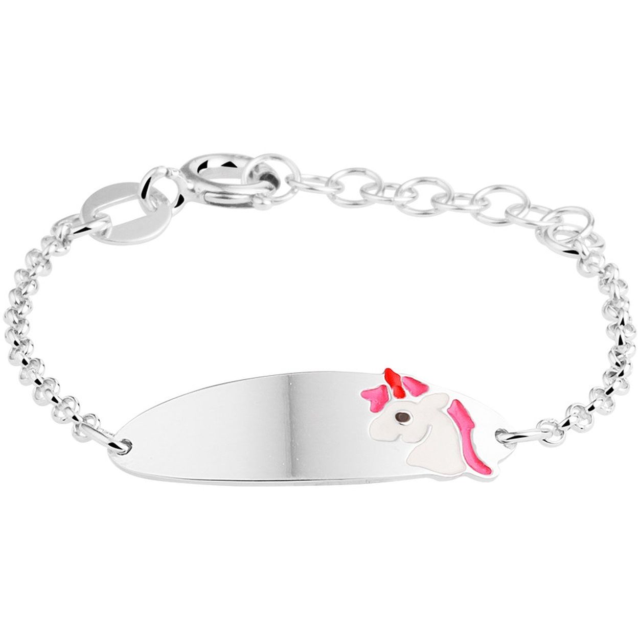 925 zilveren graveerarmband uitgevoerd met een leuke eenhoorn. De armband heeft draaglengtes van 9 tot 11cm. Het graveerplaatje heeft een afmeting van 21x7mm.