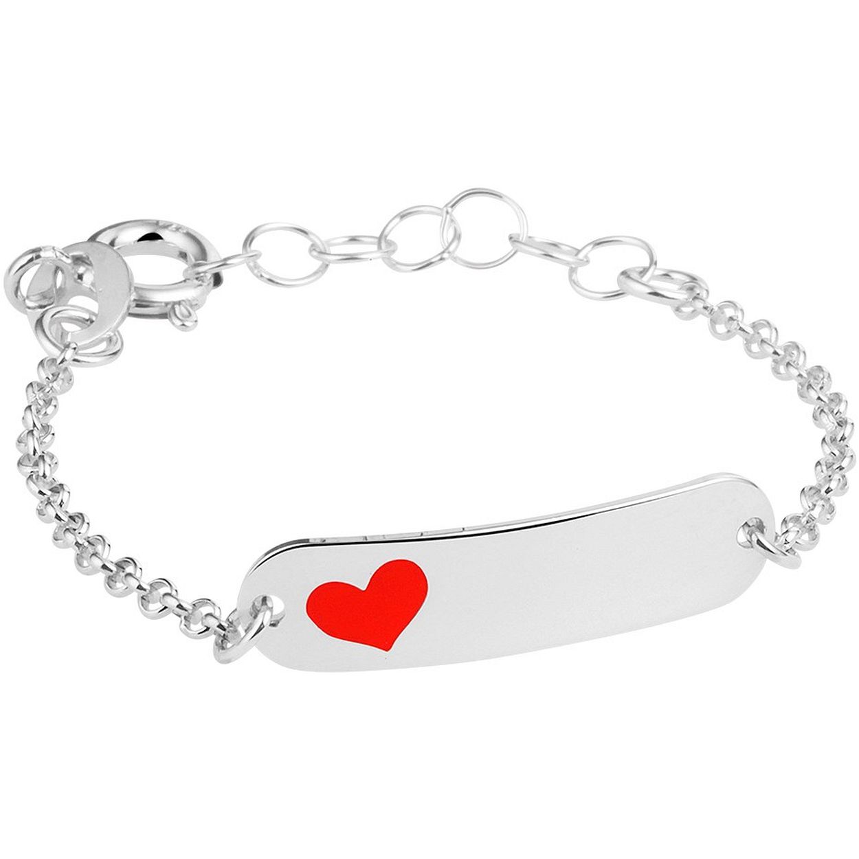 925 Zilveren kinder graveerarmband uitgevoerd met een hartje. De armband heeft een schakelbreedte van 1.7mm en draaglengtes van 9 tot 11cm. Het graveerplaatje heeft een afmeting van 5.5x21mm.