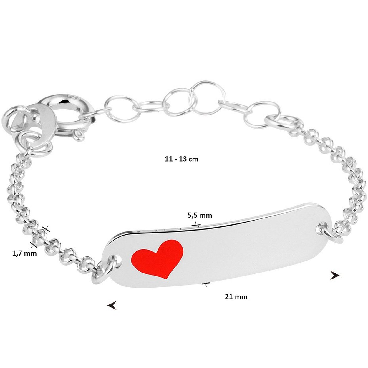 925 Zilveren kinder graveerarmband uitgevoerd met een hartje. De armband heeft een schakelbreedte van 1.7mm en draaglengtes van 11 tot 13cm. Het graveerplaatje heeft een afmeting van 5.5x21mm.
