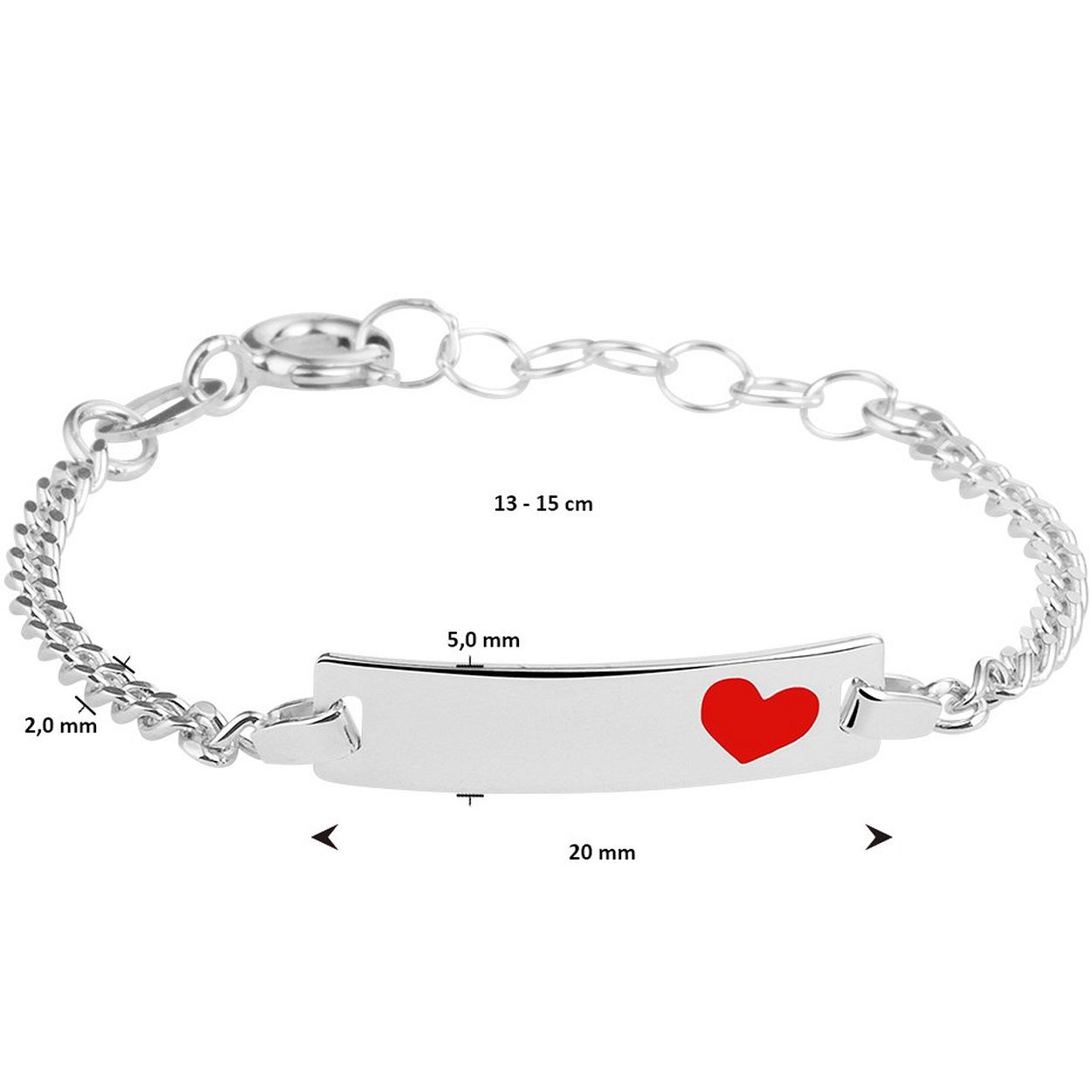 925 zilveren kinder graveerarmband uitgevoerd met een gourmet schakel en een hartje. De armband heeft een schakelbreedte van 2mm en een draaglengte van 13 tot 15cm. Het graveerplaatje heeft een afmeting van 5x20mm.