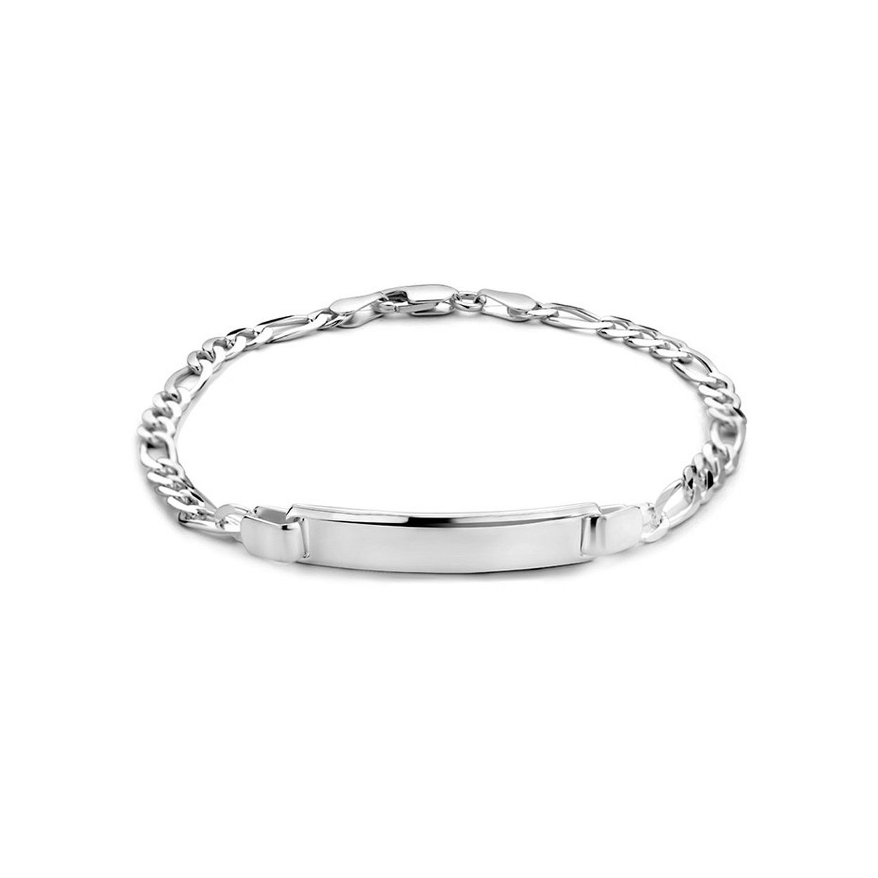 925 zilveren graveerarmband uitgevoerd met een figaro schakel en een graveerplaatje. De armband heeft een draaglengte van 19cm en een stevige karabijn sluiting. Het graveerplaatje heeft een afmeting van 6x30mm.