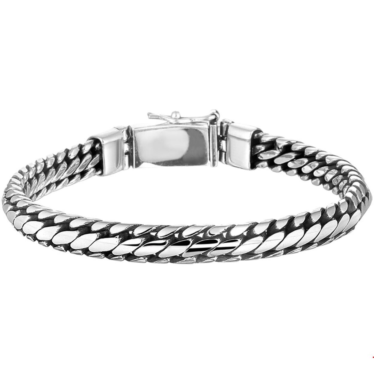Beschrijving: Geoxideerd zilveren armband. 
Uniekenummer serie: 31905
Verpakt per: 1
Doelgroep: heren
Breedte: 6 mm
Langste lengte: 20 mm