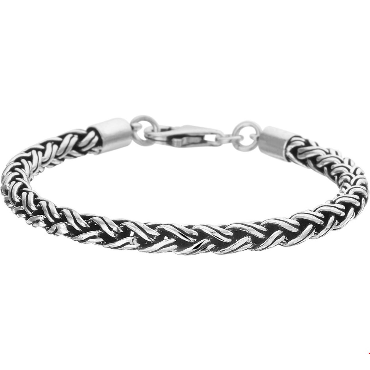 Beschrijving: Geoxideerd zilveren armband met vossestaart schakel.
Breedte: 5 mm
Langste lengte: 21 cm