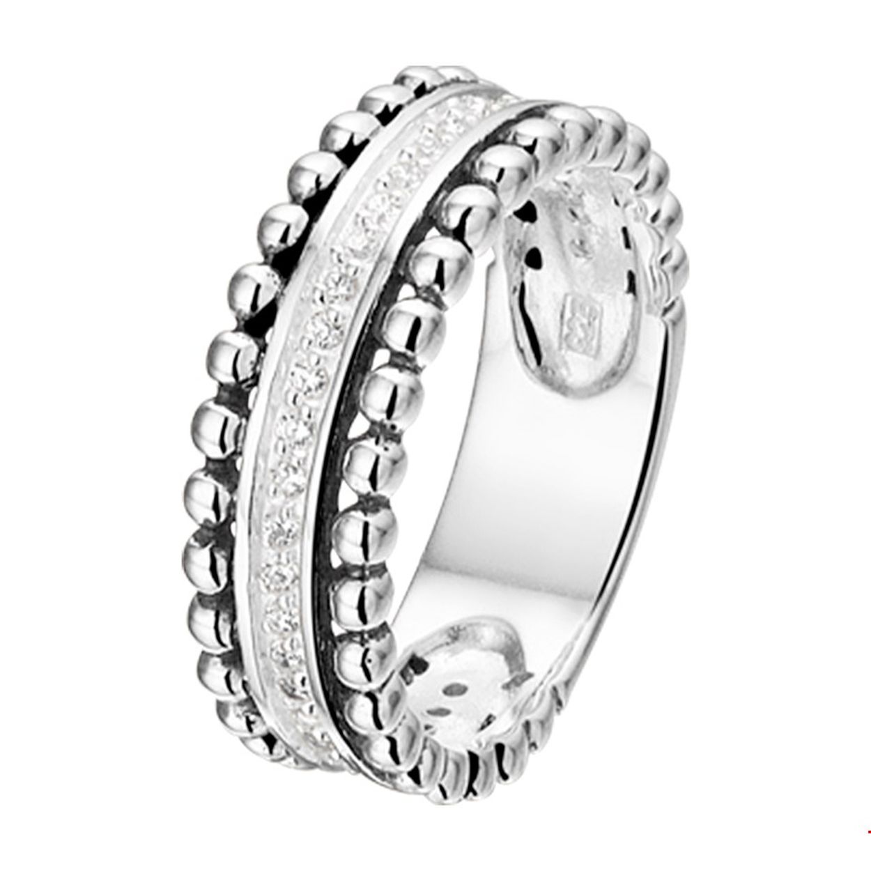 Geoxideerd zilveren ring van 6.5mm uitgevoerd met een rijzetting van briljant geslepen zirkonia. Tip: Combineer deze ring met bijpassende sieraden uit onze collectie en creeer zo een schitterende set!.