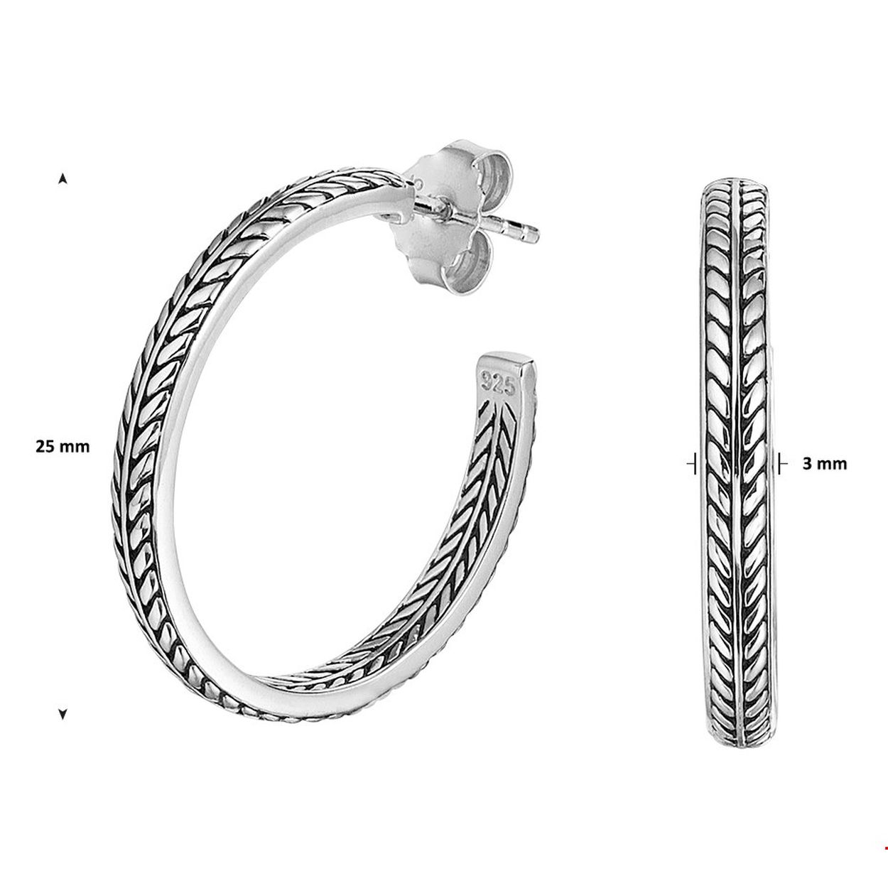 Trendy zilver geoxideerde stekeroorringen uitgevoerd met een stevige poussette sluiting. De stekeroorringen hebben een diameter van 25mm en een breedte van 3mm. Tip: Leuk om kado te geven!