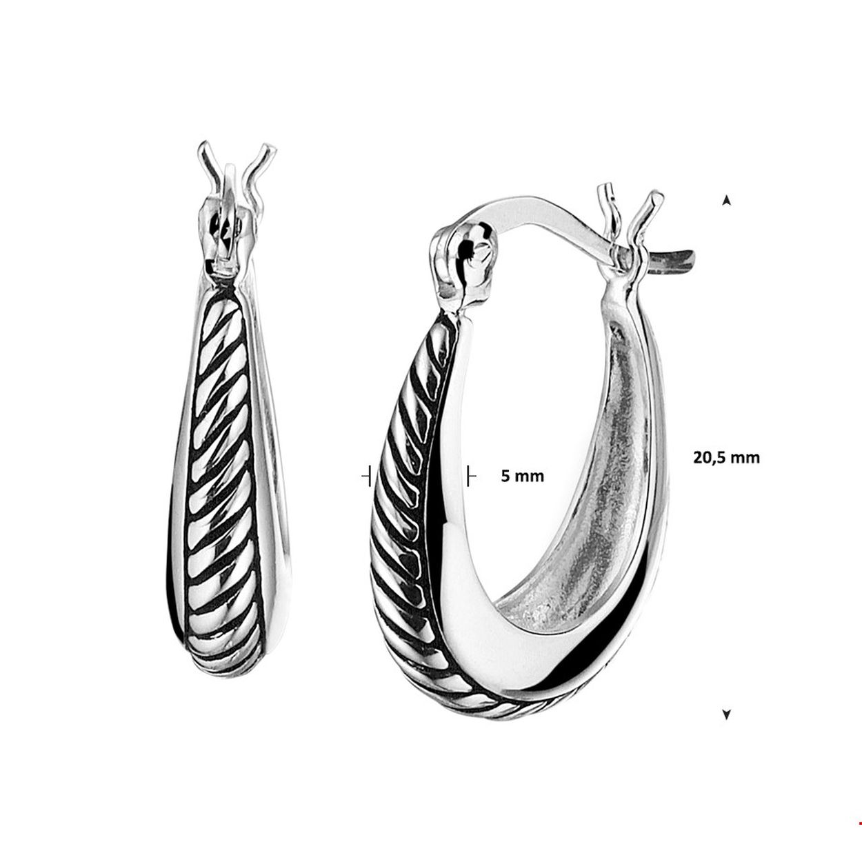 Beschrijving: Klassieke zilver geoxideerde creolen met een afmeting van 20.5x5mm uitgevoerd met een stevige scharnier sluiting. Door de eenvoud en het verfijnde ontwerp kunnen deze creolen perfect worden gedragen met andere sieraden. Tip: Leuk om kado te geven! Zie je ze al stralen?