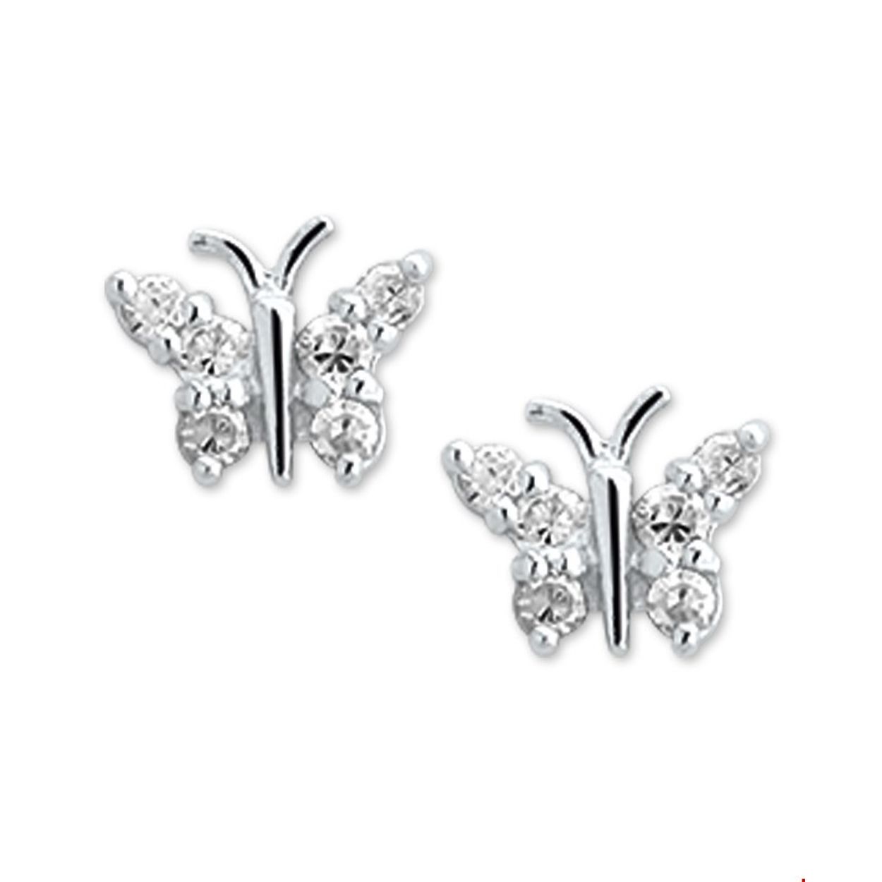 Beschrijving: Gerhodineerd zilveren oorknoppen met een vlinder van zirkonia. 
Doelgroep: dames
Breedte: 7.5 mm
Hoogte: 6.5 mm