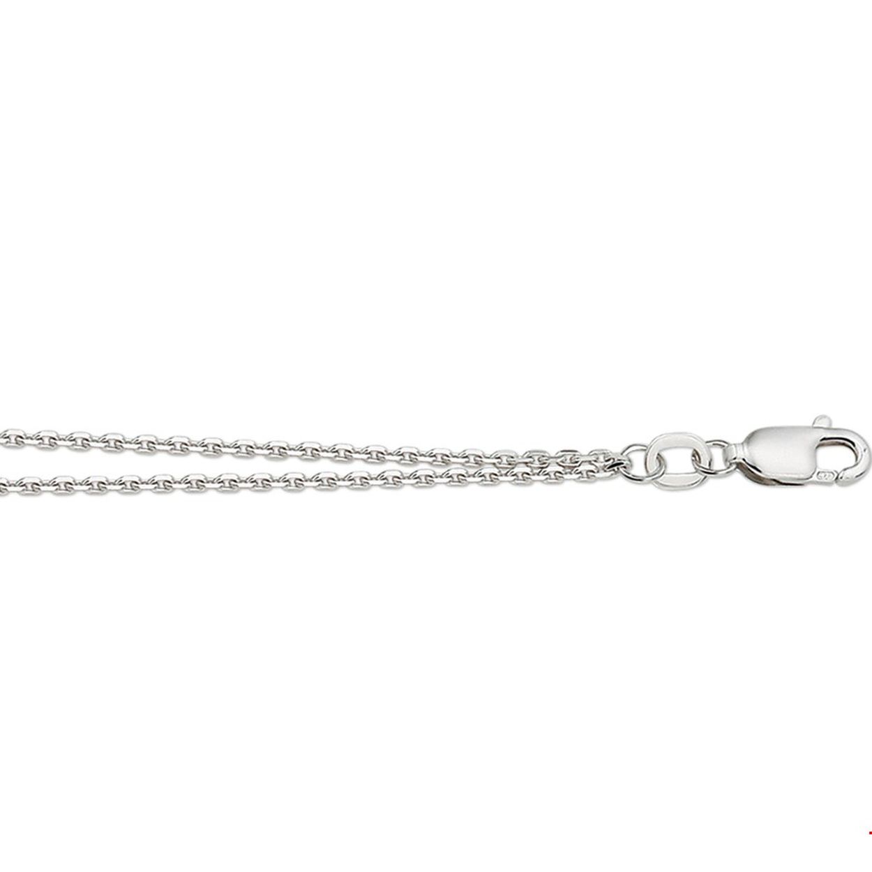 Beschrijving: Gerhodineerd zilveren collier met anker schakel. 
Doelgroep: dames
Breedte: 1.3 mm
Langste lengte: 45 cm