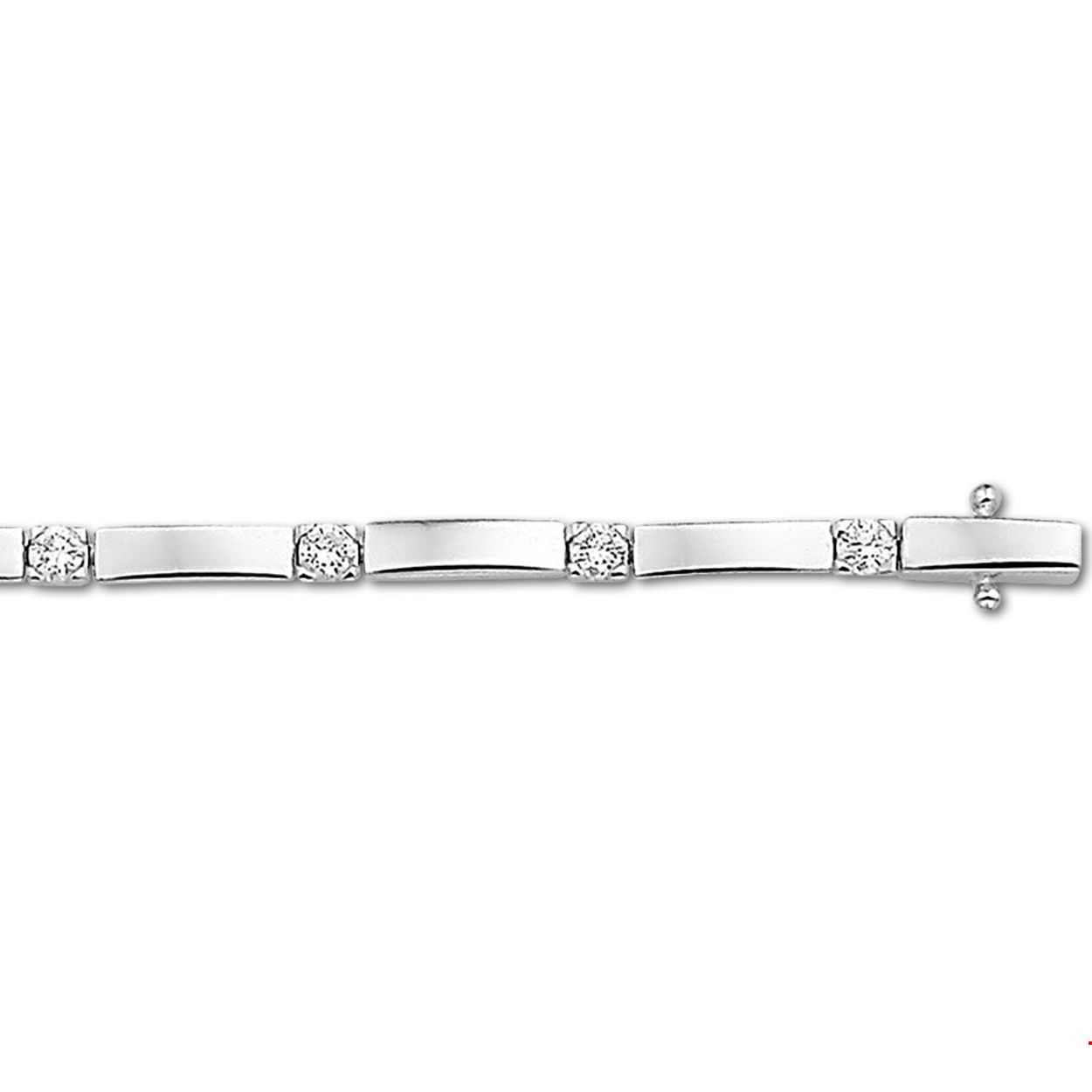 Beschrijving: Gerhodineerd zilveren armband met zirkonia. 
Verpakt per: 1
Doelgroep: dames
Breedte: 3 mm
Langste lengte: 19 mm
Zetting: alliance (rijzetting)