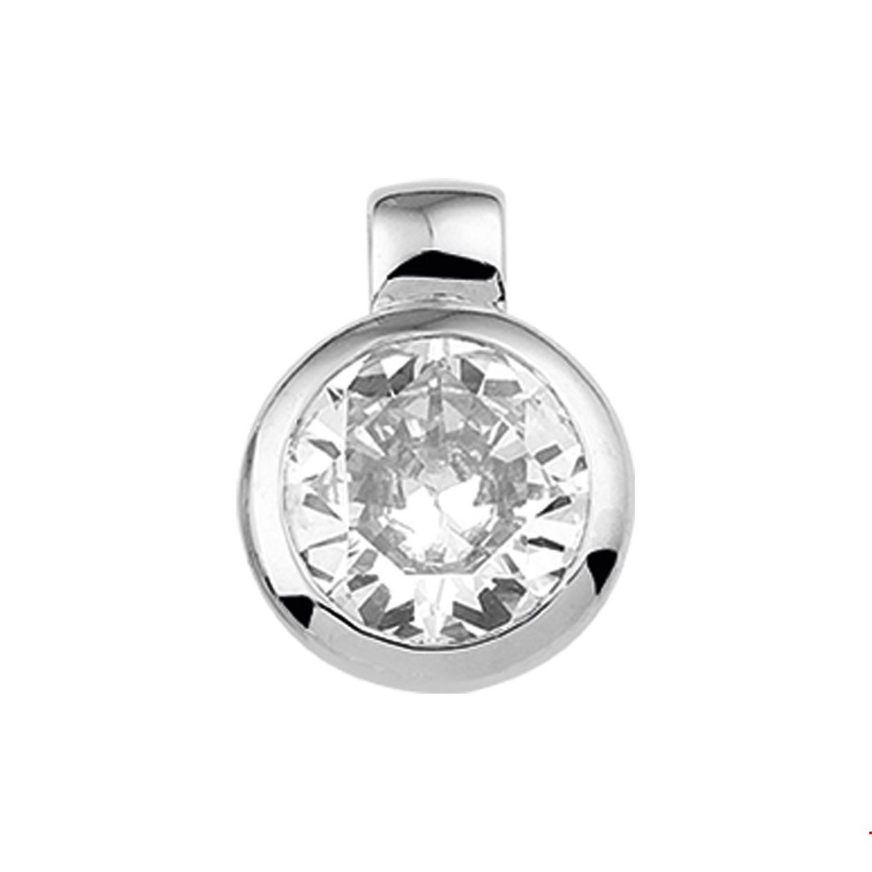 Gerhodineerd zilveren hanger met zirkonia. De hanger heeft een vast hangoog.
Breedte: 13 mm