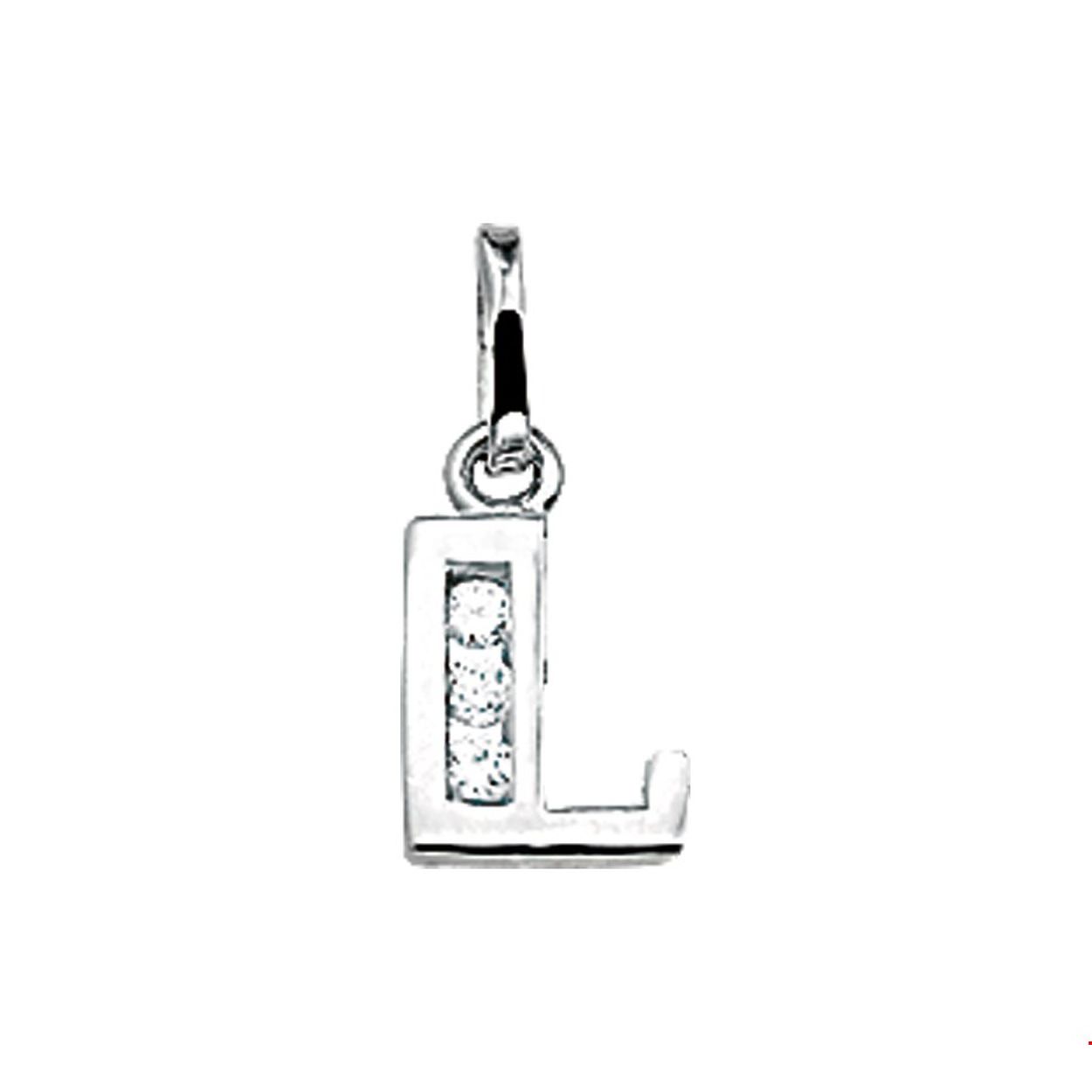 Gerhodineerd zilveren hanger letter L met een hoogte van 10mm en een breedte van 6mm. Uitgevoerd met een schitterende rij van zirkonia.
Zetting: alliance (rail zetting)