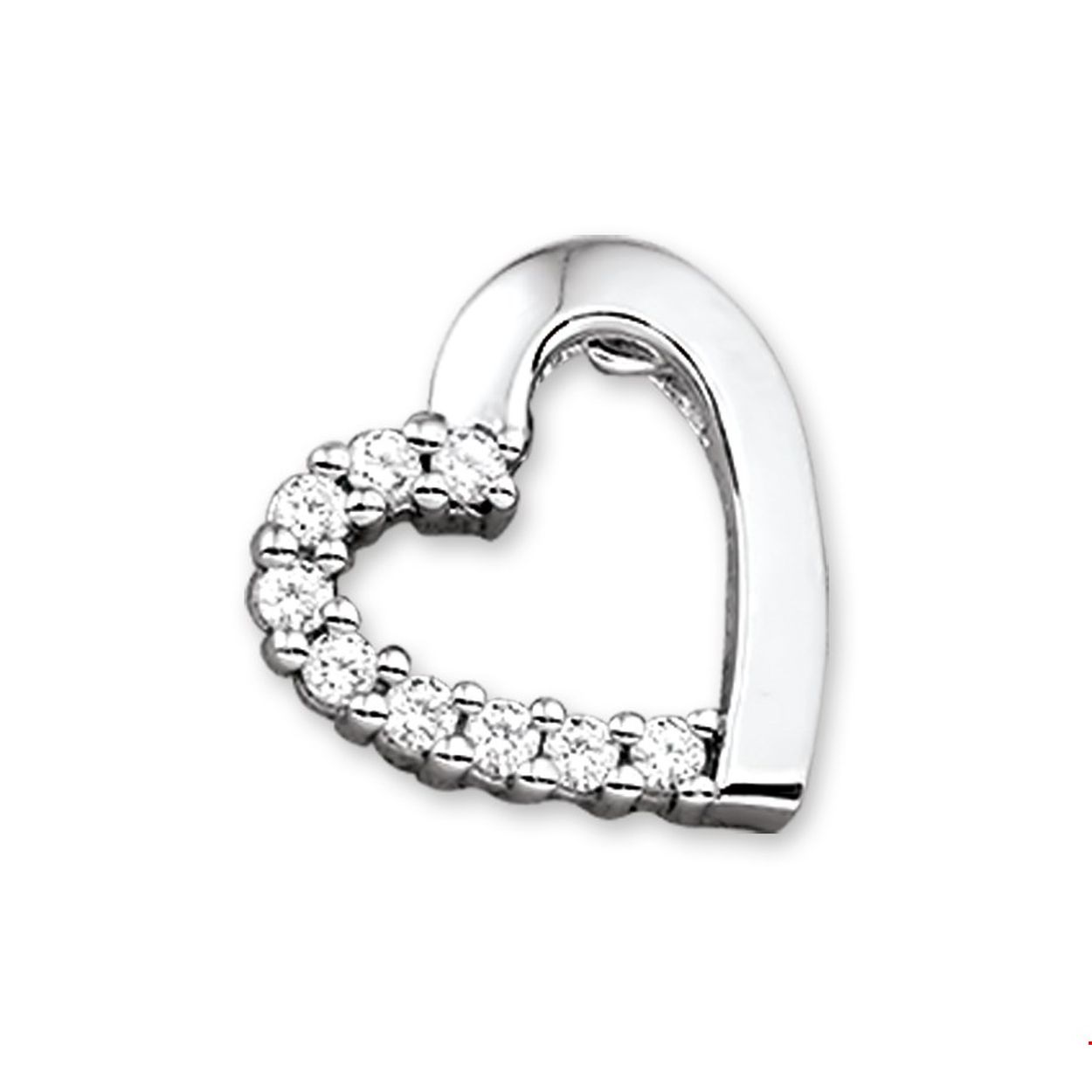 Beschrijving: Gerhodineerd zilveren hanger met een hart en zirkonia. 
Verpakt per: 1
Doelgroep: dames
Breedte: 14 mm
Hoogte: 14 mm
Zetting: entourage (rijzetting)
