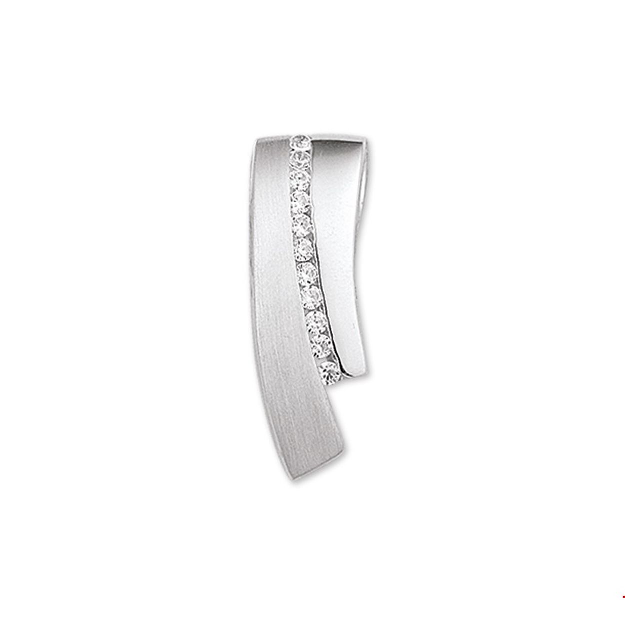 Gerhodineerd zilveren hanger met zirkonia en een poli/matte afwerking. 
Breedte: 9 mm
Hoogte: 26 mm
Zetting: entourage (rail zetting)