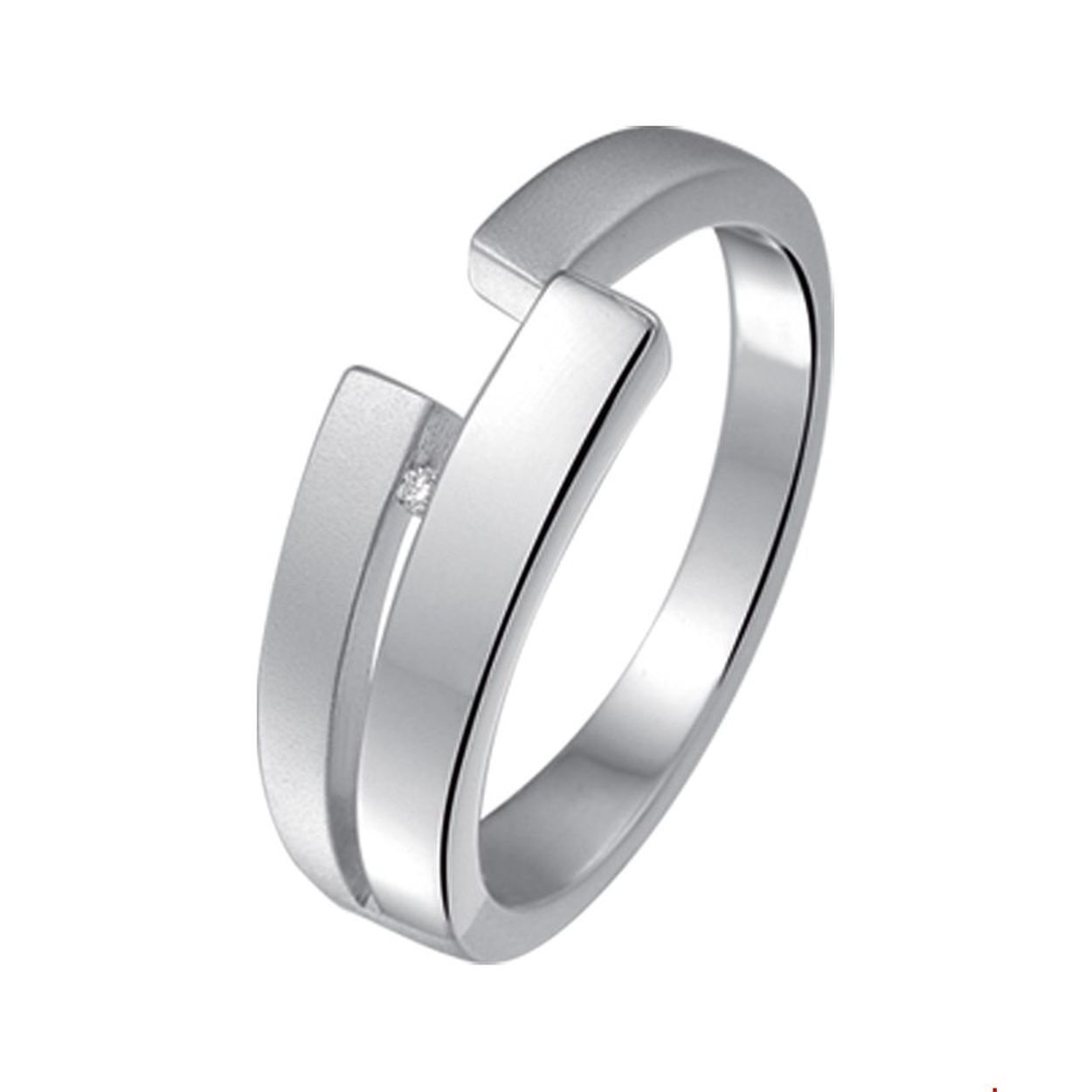 Beschrijving: Gerhodineerd zilveren ring met diamant en een poli/matte afwerking. 
Uniekenummer serie: 27896
Verpakt per: 1
Doelgroep: dames
Ringmaat: 17.25 mm (54)
Breedte: 7 mm